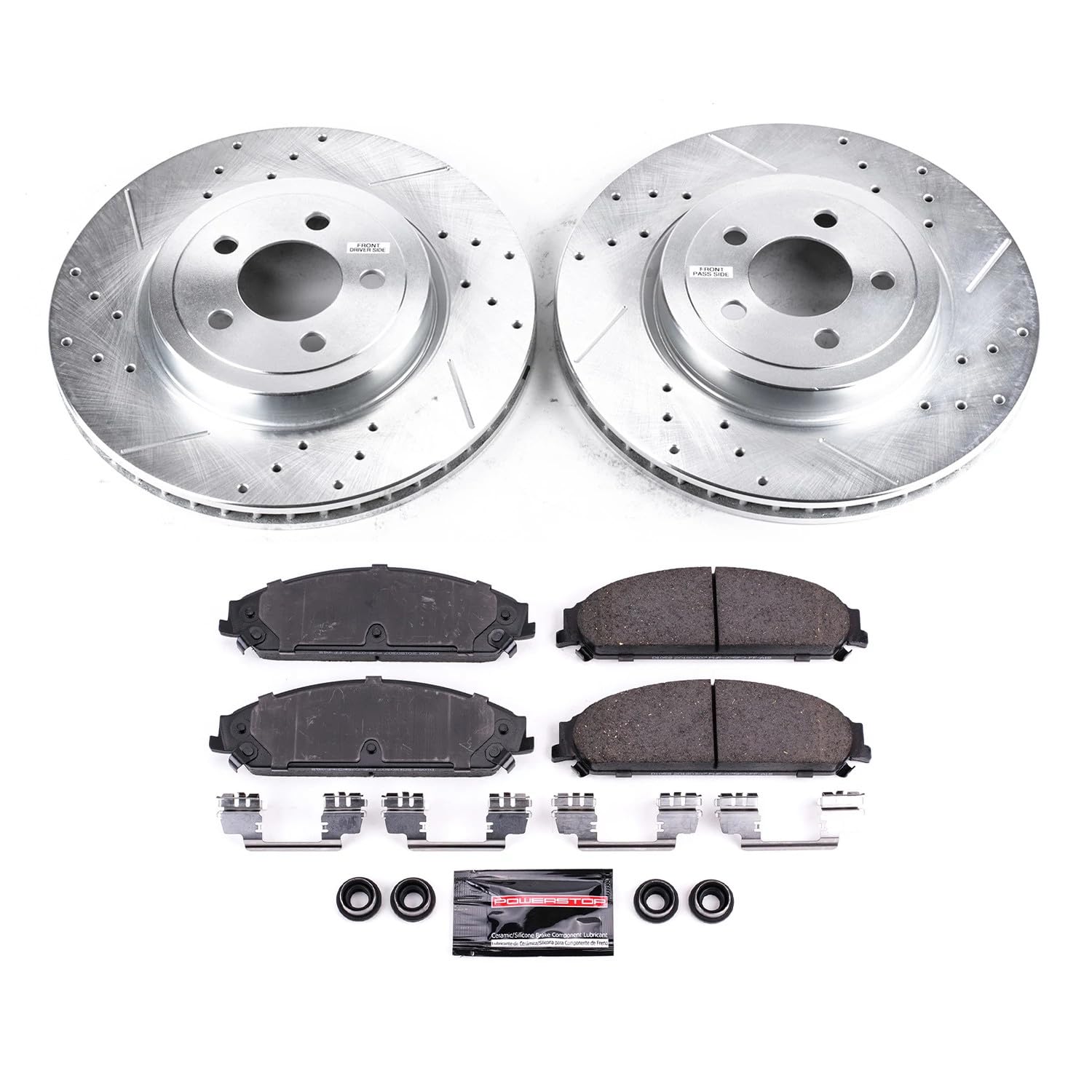 Power Stop K2560 Front Z23 Carbon Fiber Brake Pads with Drilled & Slotted Brake Rotors Kit For Chrysler 300 Dodge Challenger Cha