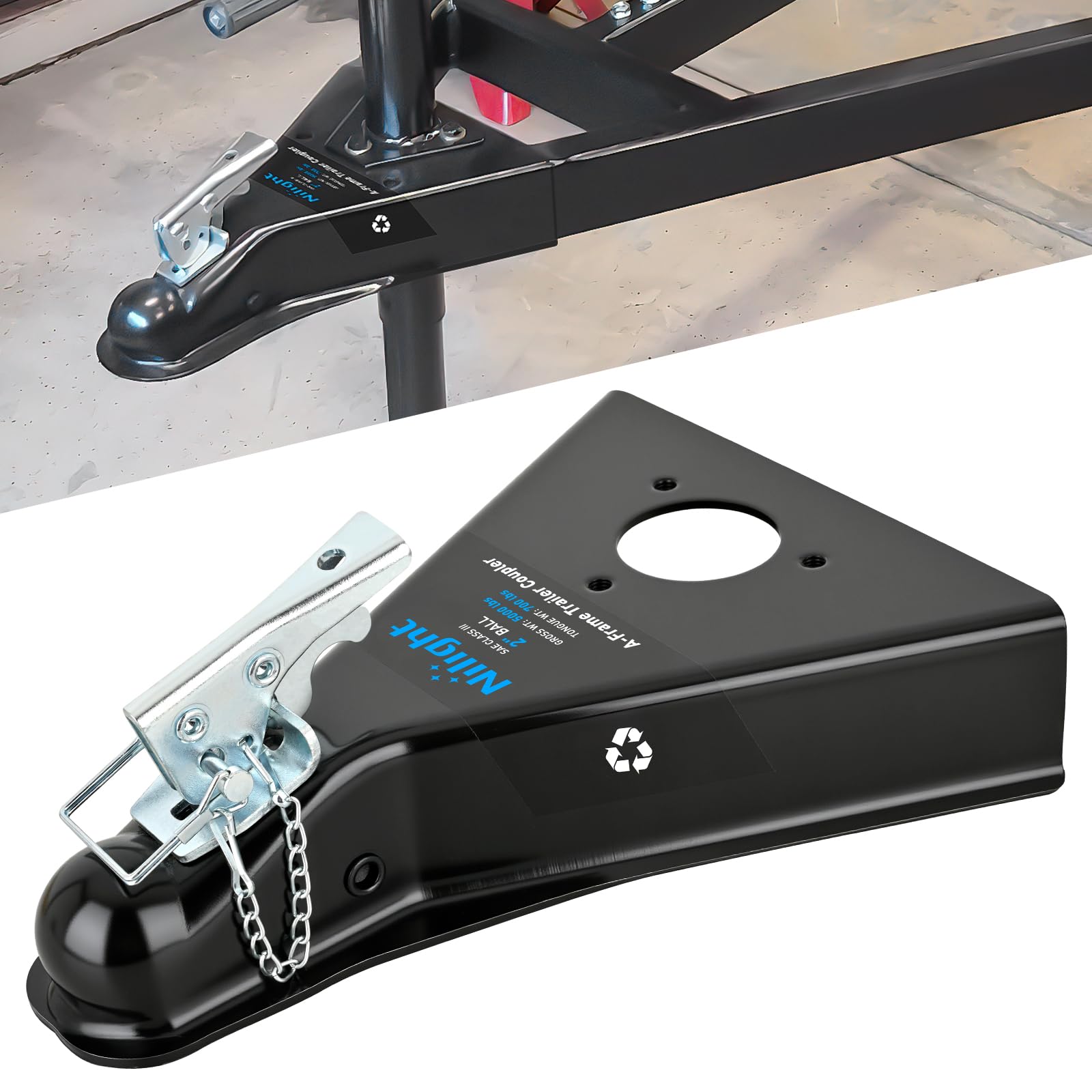 Nilight Class III A-Frame Trailer Coupler with Security Latch&Chain fits 2-Inch Hitch Ball for Pickup Trucks, RV, Boat, Camper, 