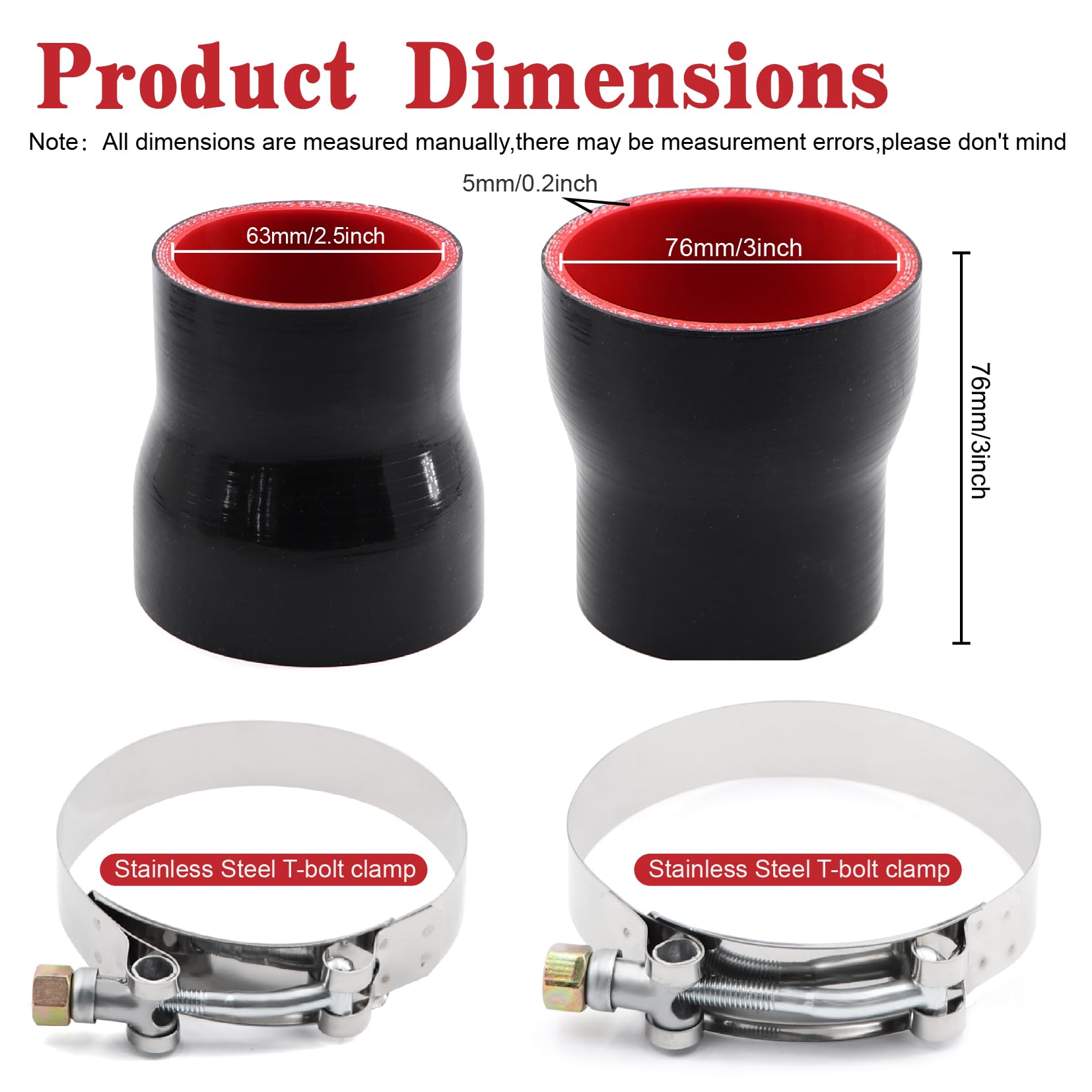 Taukealugs Straight Reducer Coupler Silicone Hose ID 2-1/2inch to 3-inch 4-Ply with Stainless Steel T-Bolt Clamp for Automotive