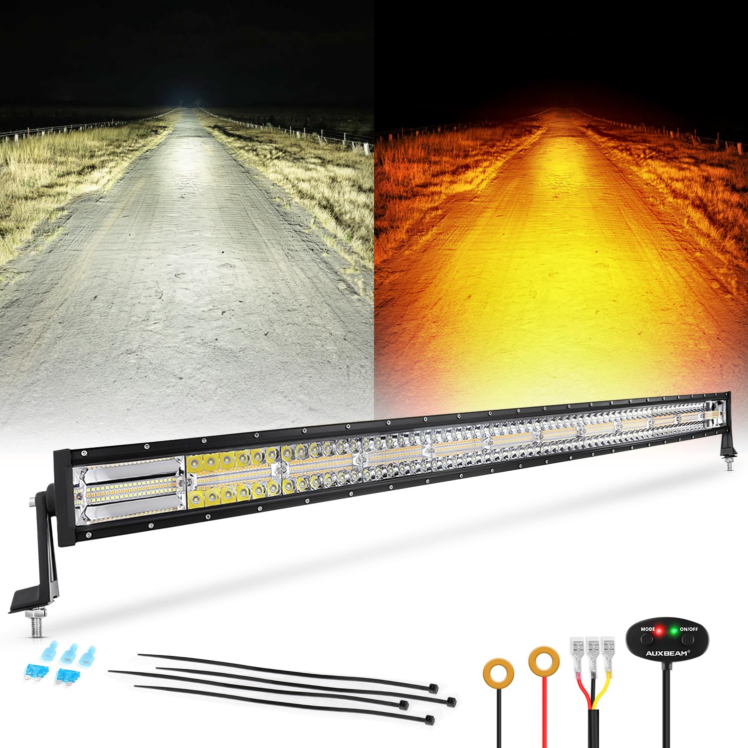 Auxbeam 6 Modes Amber White Series 50 Inch Curved Led Light Bar 288W Strobe Flash Warning Multi-Function Offroad Lighting Spot F