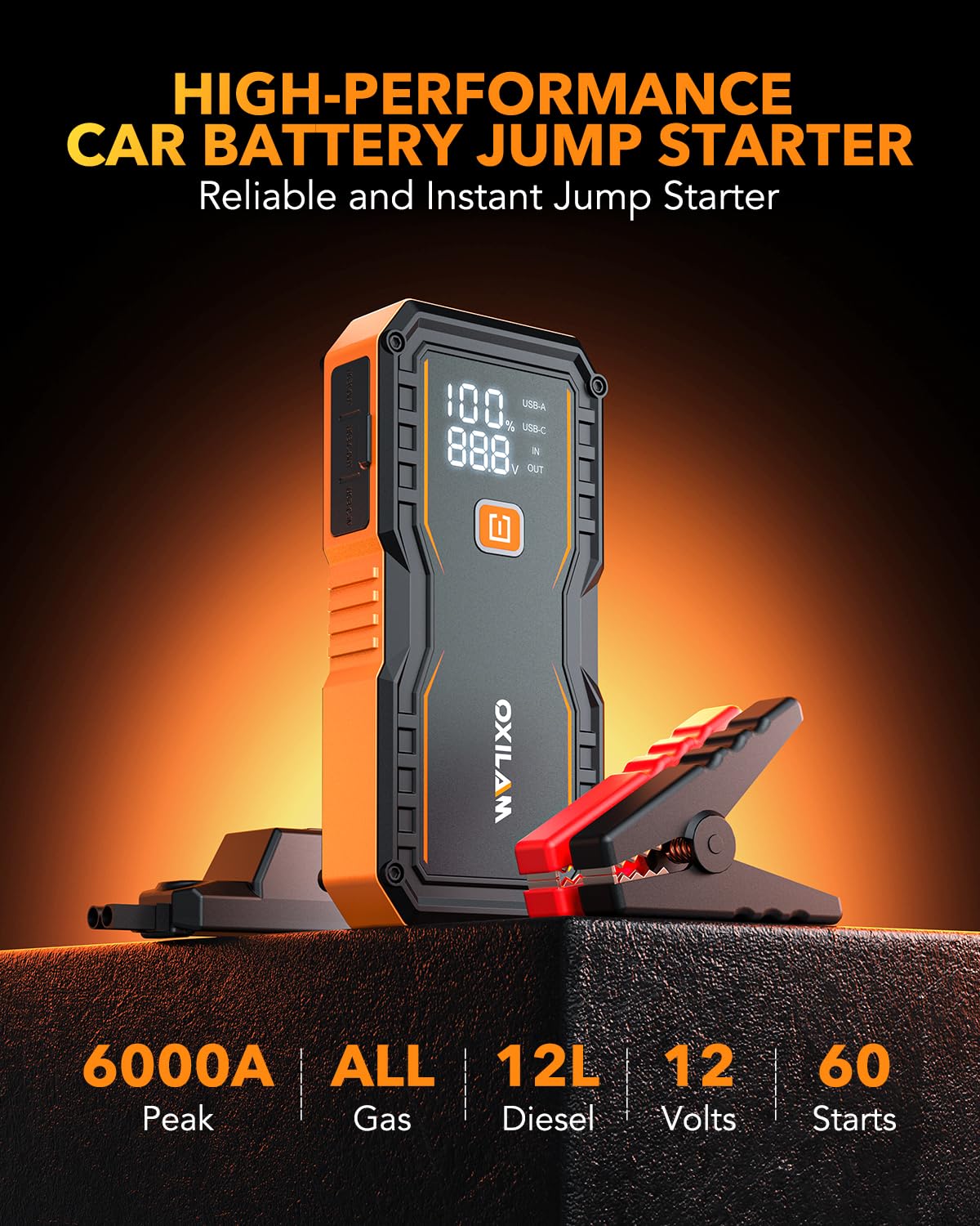 Oxilam Jump Starter 6000A For All Gas/12L Diesel, Car Battery Jumper Starter Portable, 12V Lithium Jump Box With Jumper Cables,
