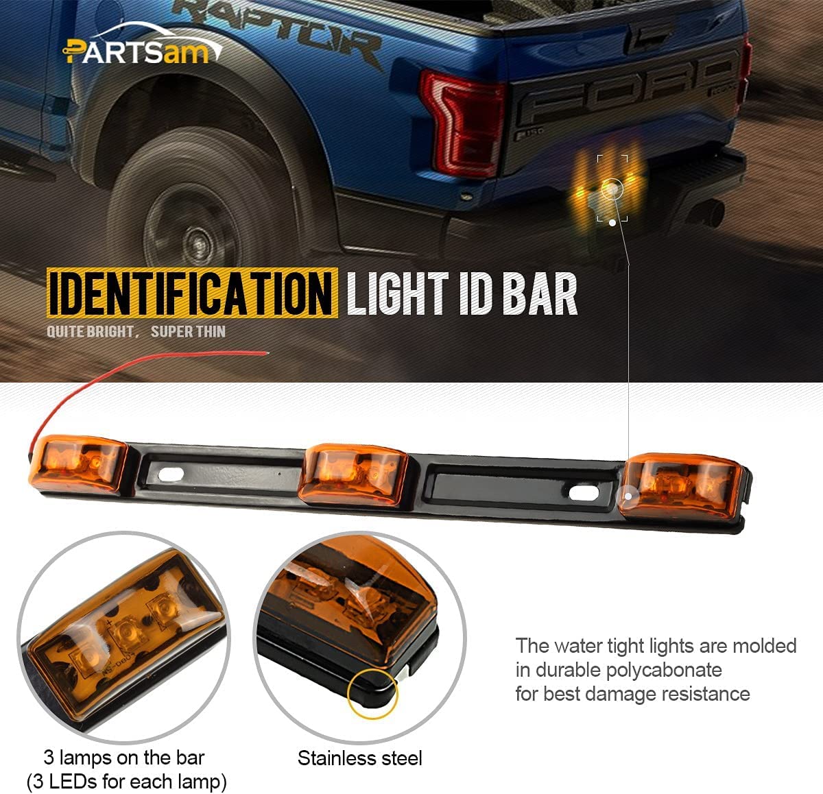 Partsam Amber 12V Led Tow Truck Light Bars, Led Identification Bar Lights Marker Lights, 14.17'' Amber Id Bar Marker Lights, Tru