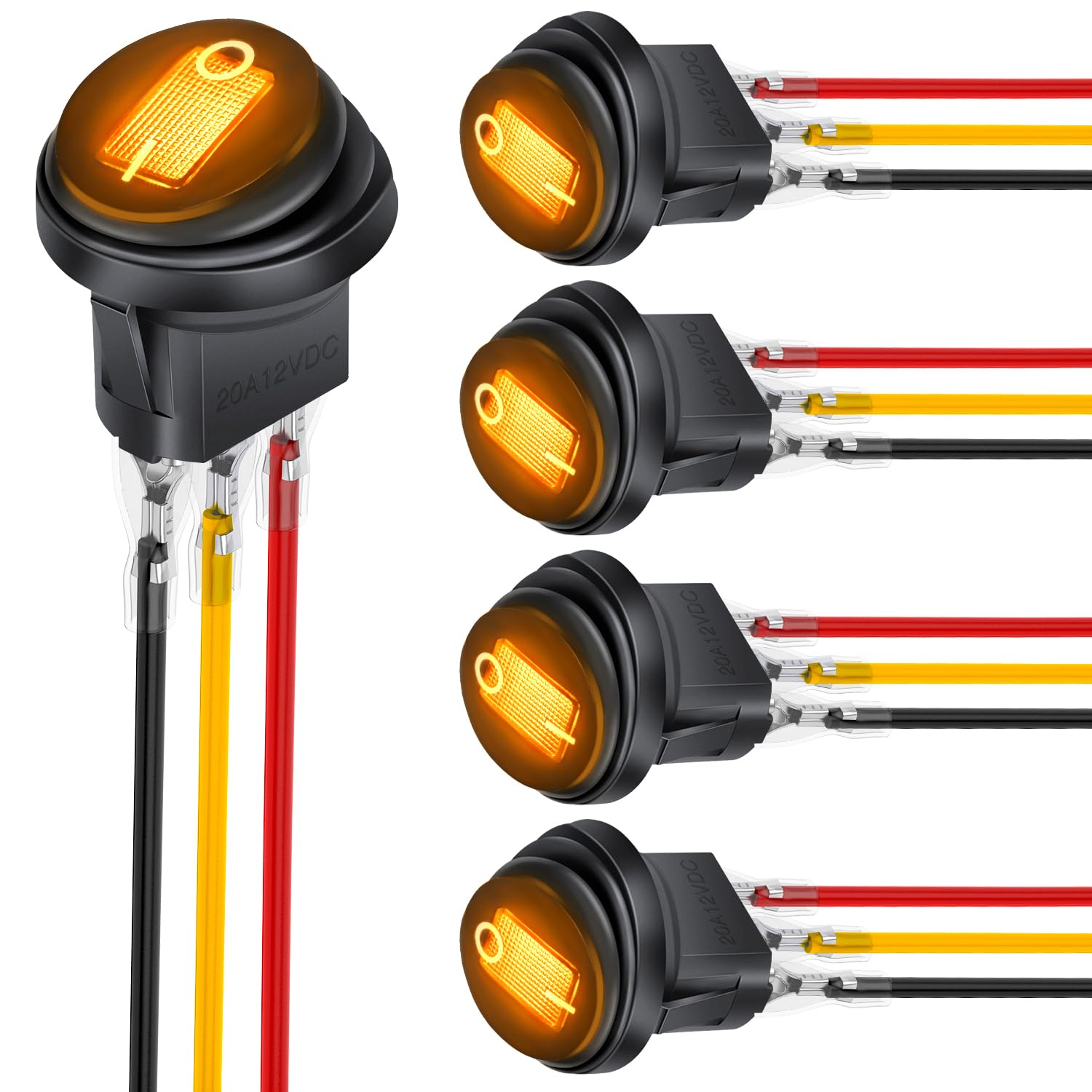 Nilight 5Pcs Waterproof Round Rocker Toggle Yellow Led Switch 12V 20A 3 Pin On Off Spst For Car Truck Boat Marine Automotive Rv