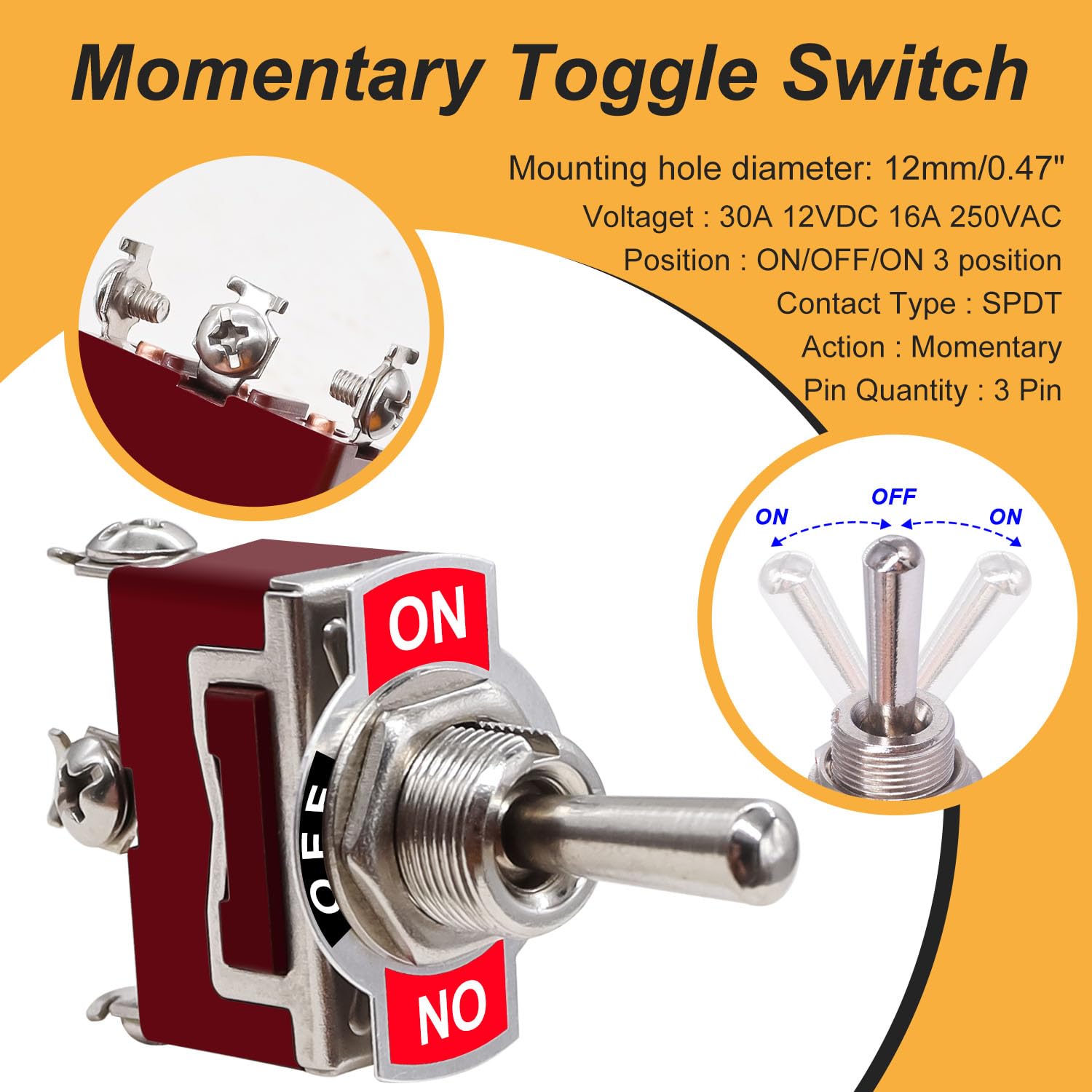 Weideer 4Pcs Waterproof Momentary Toggle Switch 12V 30A (On)-Off-(On) 3 Pin 3 Position Spdt Heavy Duty Marine Switch With Waterp