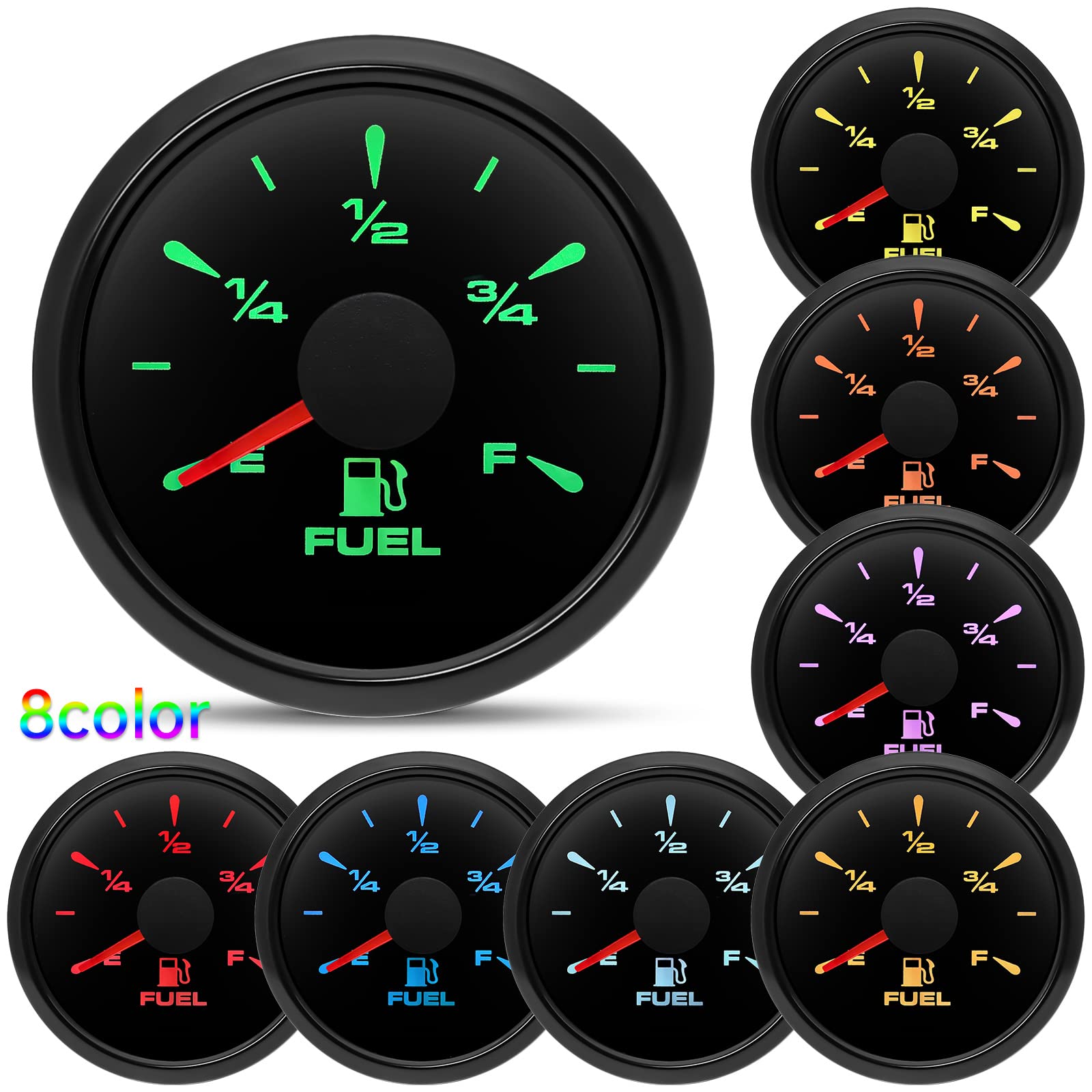 ARTILAURA 0-90 ohm Fuel Gauge 8 Color Marine Boat Fuel Level Gas Tank Meter for Universal AUTO Car Boat Truck Pickup RV (Black)