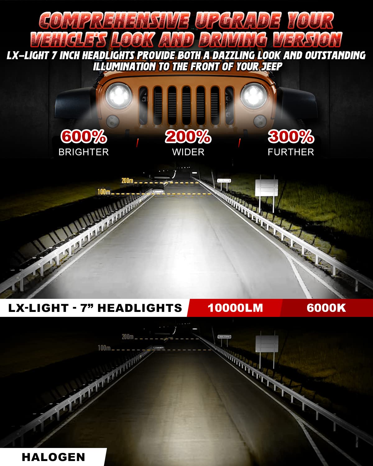 Lx-Light Dot Approved 7'' Black Led Headlights + 4 '' Led Fog Lights Compatible With Jeep Wrangler 97-2017 Jk Tj Lj