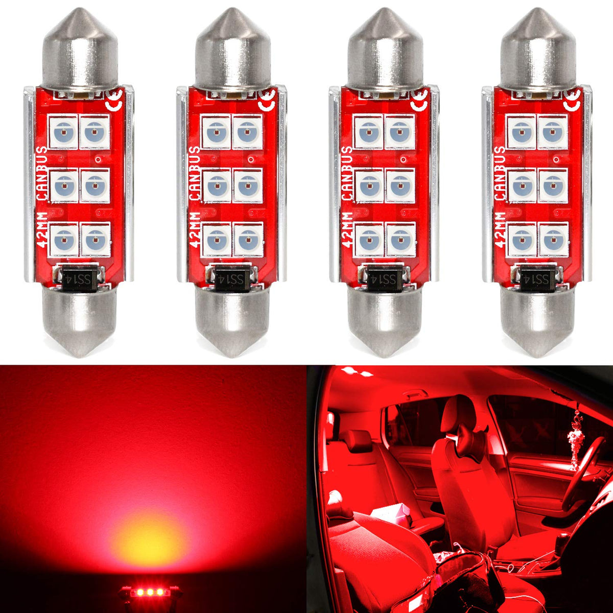 Phinlion Super Bright 211-2 Led Bulb 3030 6-Smd Festoon 41Mm 42Mm 578 212-2 Bulbs For Car Interior Map Dome Trunk Courtesy Light