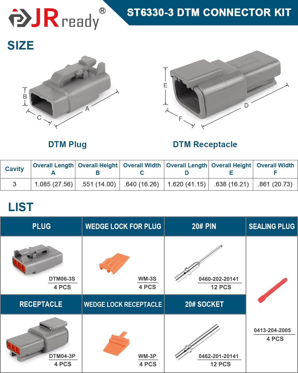 JRready Deutsch DTM 3 Pin Connectors 4 Kits, Waterproof Electrical Wire Connectors with Size 20 Solid Contacts 20-22AWG, ST6330-