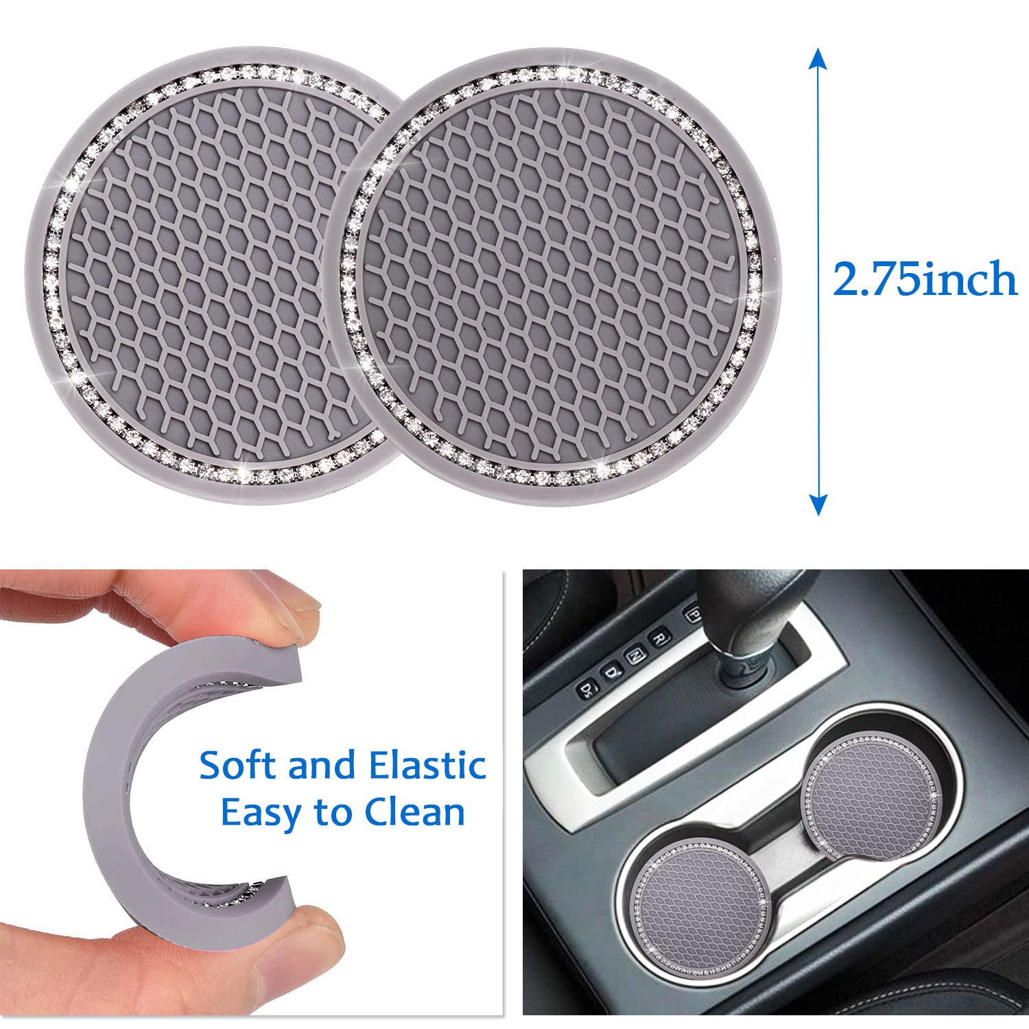 Tobequeen 15 Pack Grey Bling Car Accessories Set For Women Girl,Bling Car Coaster,Bling Head Rest Rings,Bling Car Charger,Bling Hooks For Hanging,Bling Tire Caps,Bling Push To Start Ring,Gray