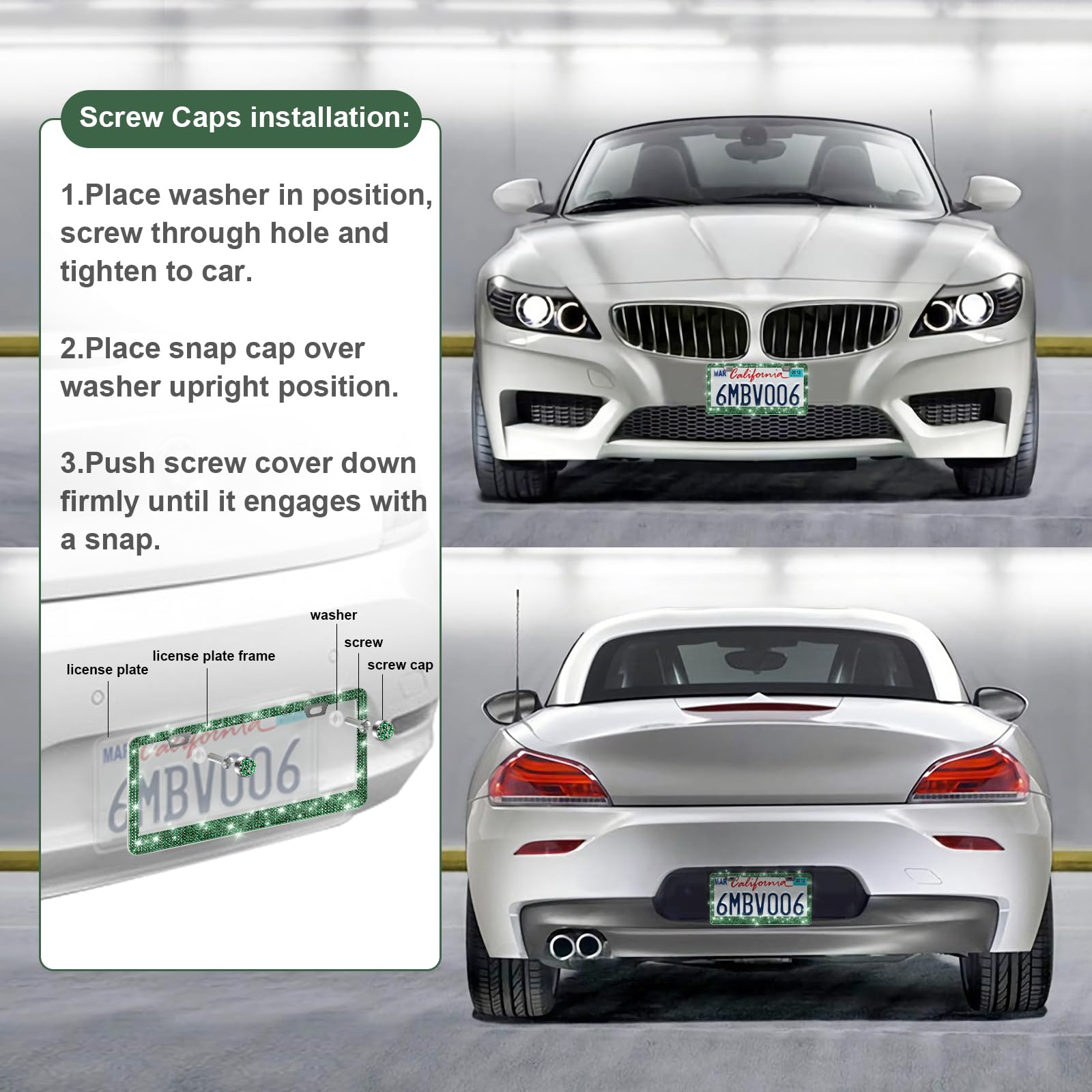 Quanqiufei 2 Pack Bling License Plate Frames For Women, Sparkly Rhinestone Diamond Car Accessories With Glitter Crystal Caps (Da