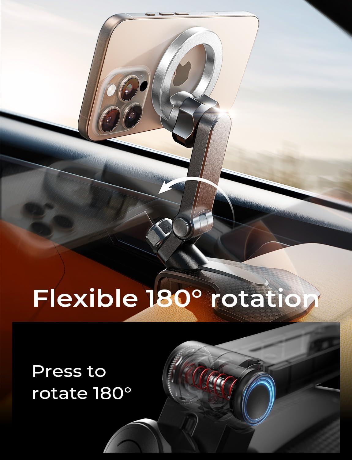 360 Degree Rotation Dashboard Car Phone Holder, Clip on Dashboard Cell Phone Holder for Driving Navigation, Magsafe Magnetic Car