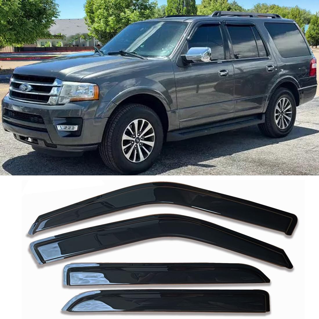 Tape On Car Side Window Visors Vent Window Shade Fit 97-17 Ford Expedition, Sun Rain Guards Wind Deflectors 94233, 4-Piece Set