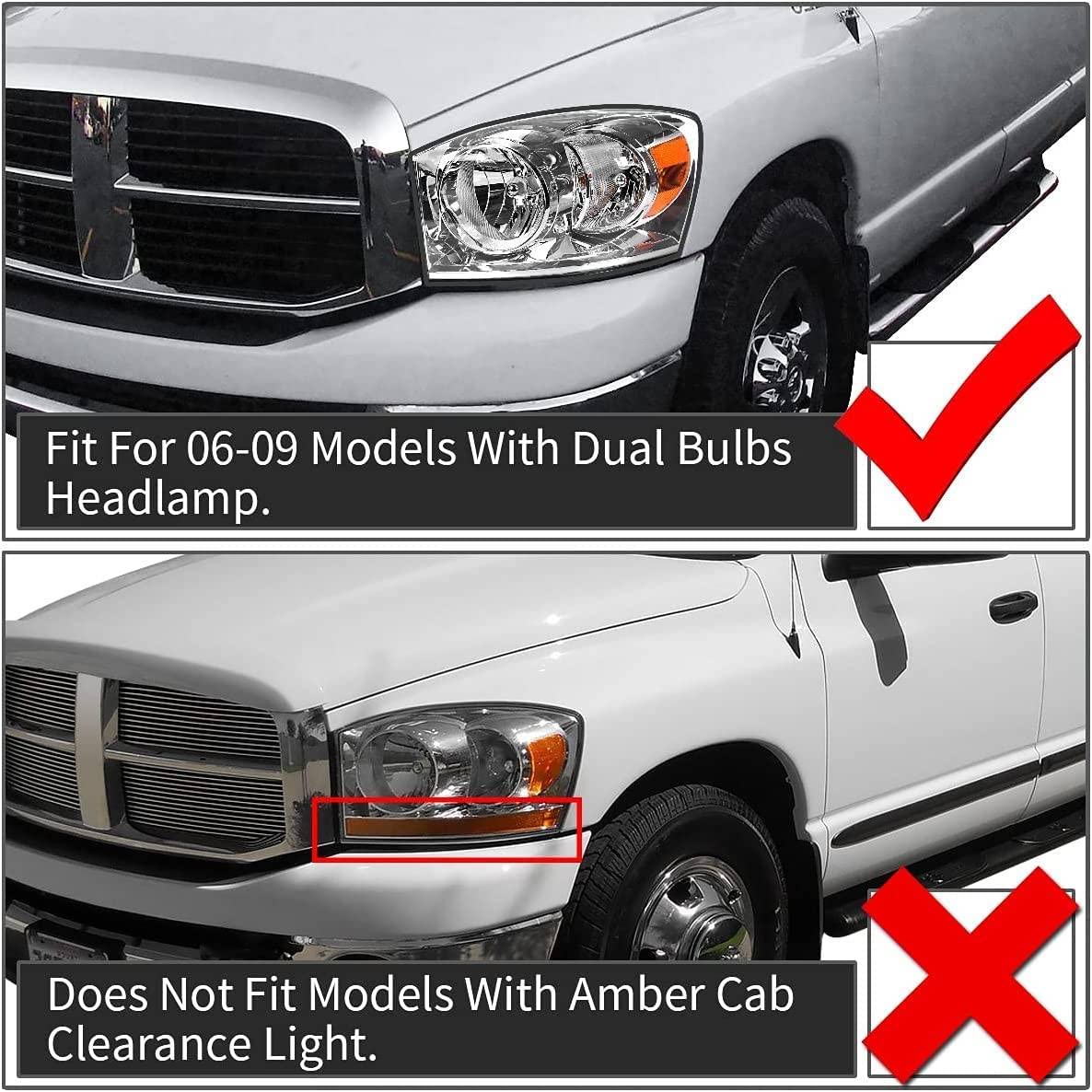 Adcarlights Compatible With 2006-2009 Ram Headlight Assembly For 06-08 Dodge Ram 1500/06-09 Dodge Ram 2500 3500 Clear Lens Chrom