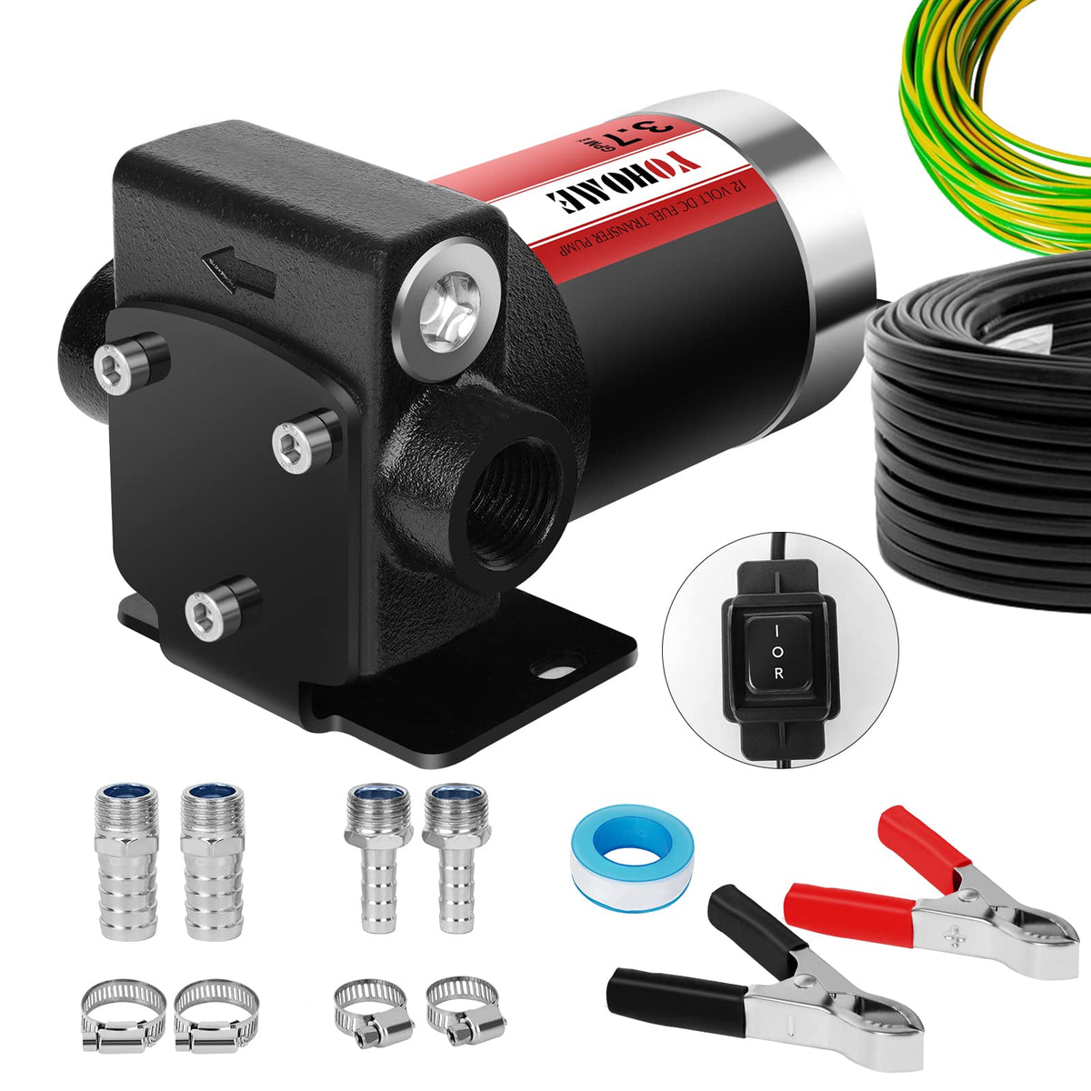 Gasoline Transfer Pump YOHOME DC 12V New DOUBLE WAY Cast Iron Fuel Transfer Pump 3.7GPM Overheating Stability With Built-in Bypa