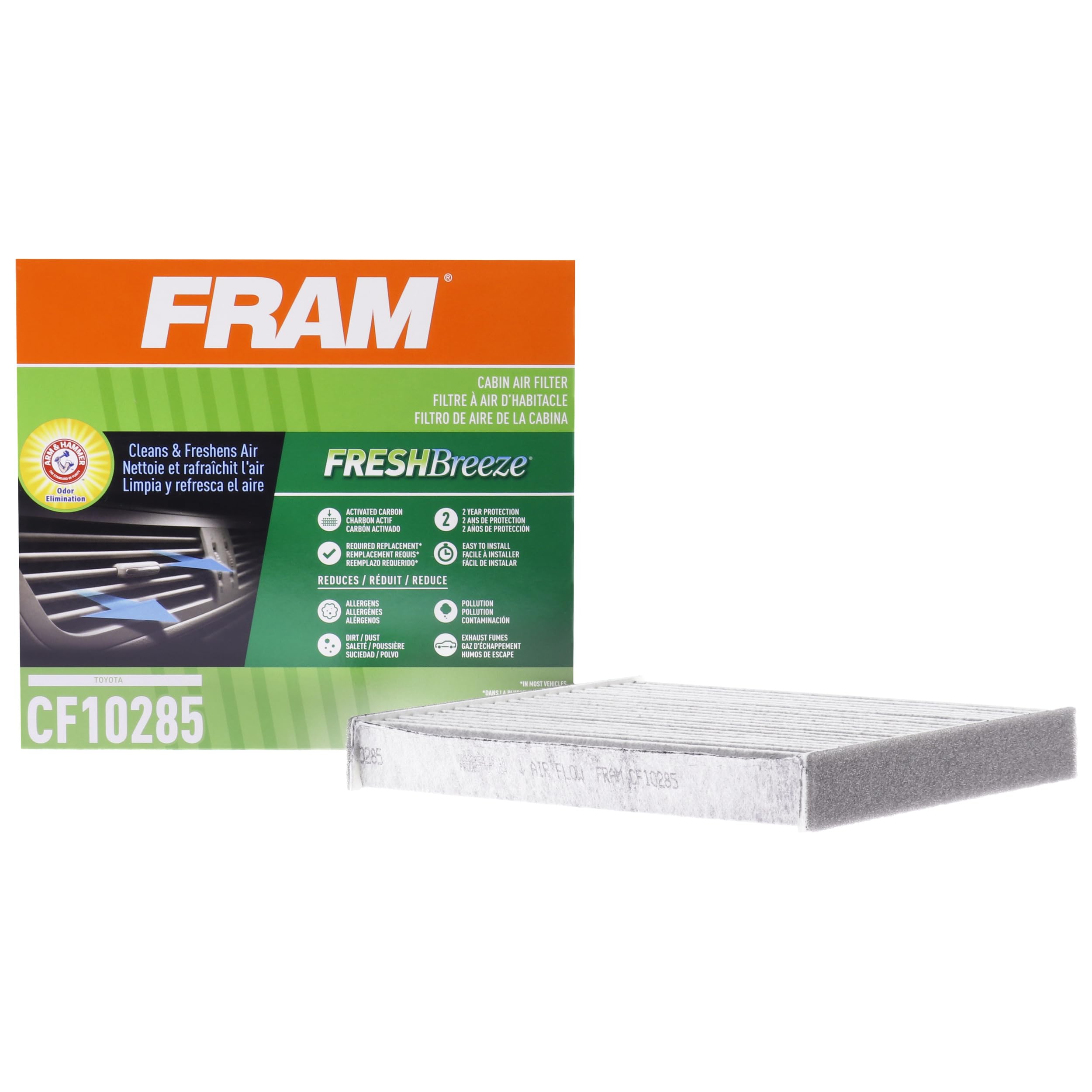 Fram Fresh Breeze Cabin Air Filter Replacement For Car Passenger Compartment W/Arm And Hammer Baking Soda, Easy Install, Cf10285 For Toyota Vehicles , White