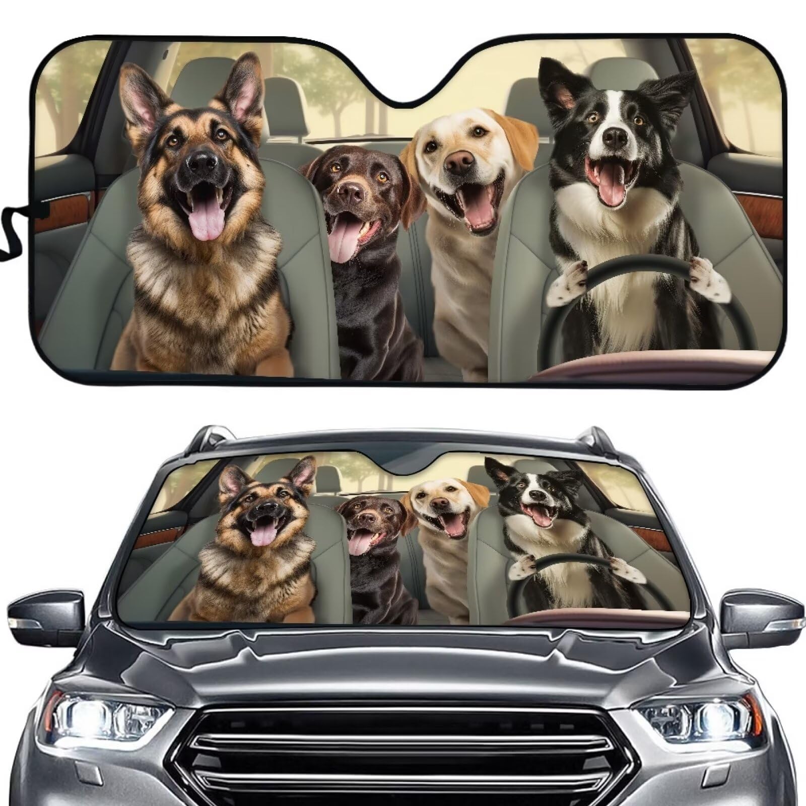 Suhoaziia Cute Dogs Driving Print Auto Windshield Sun Shade Foldable Car Front Window Sunshade for Car Interior Decors, Universa