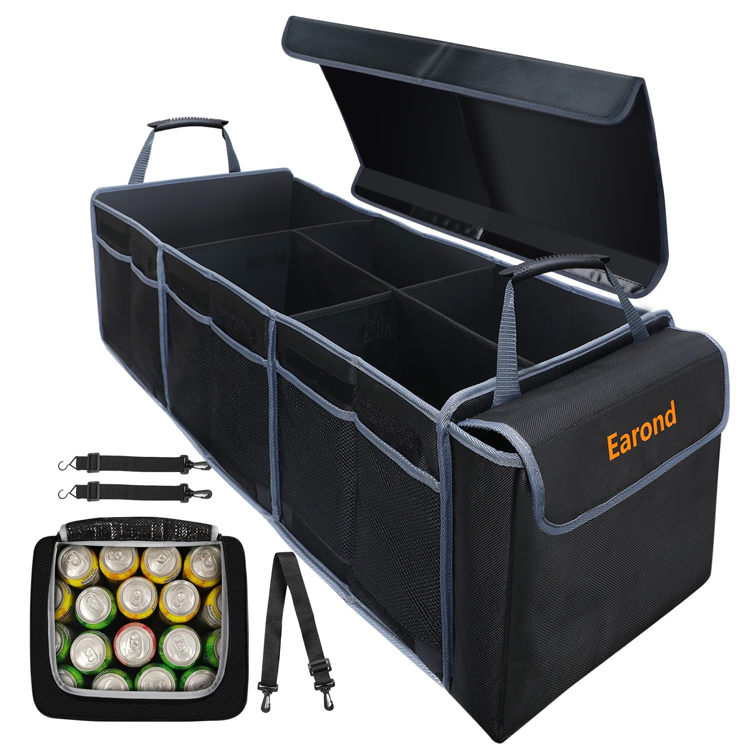Earond Collapsible Trunk Organizer With Insulated Leakproof Cooler Bag,Removable Lid,Adjustable Securing Straps,3 Compartments T