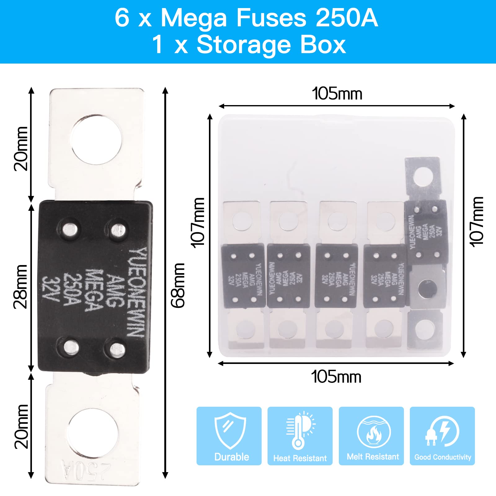 250A MEGA/AMG Fuses, 6 Pcs 250A MEGA/AMG High Current Fuse Bolt Down Auto Fuse Time Delay for Cars, Trucks, Construction Vehicle