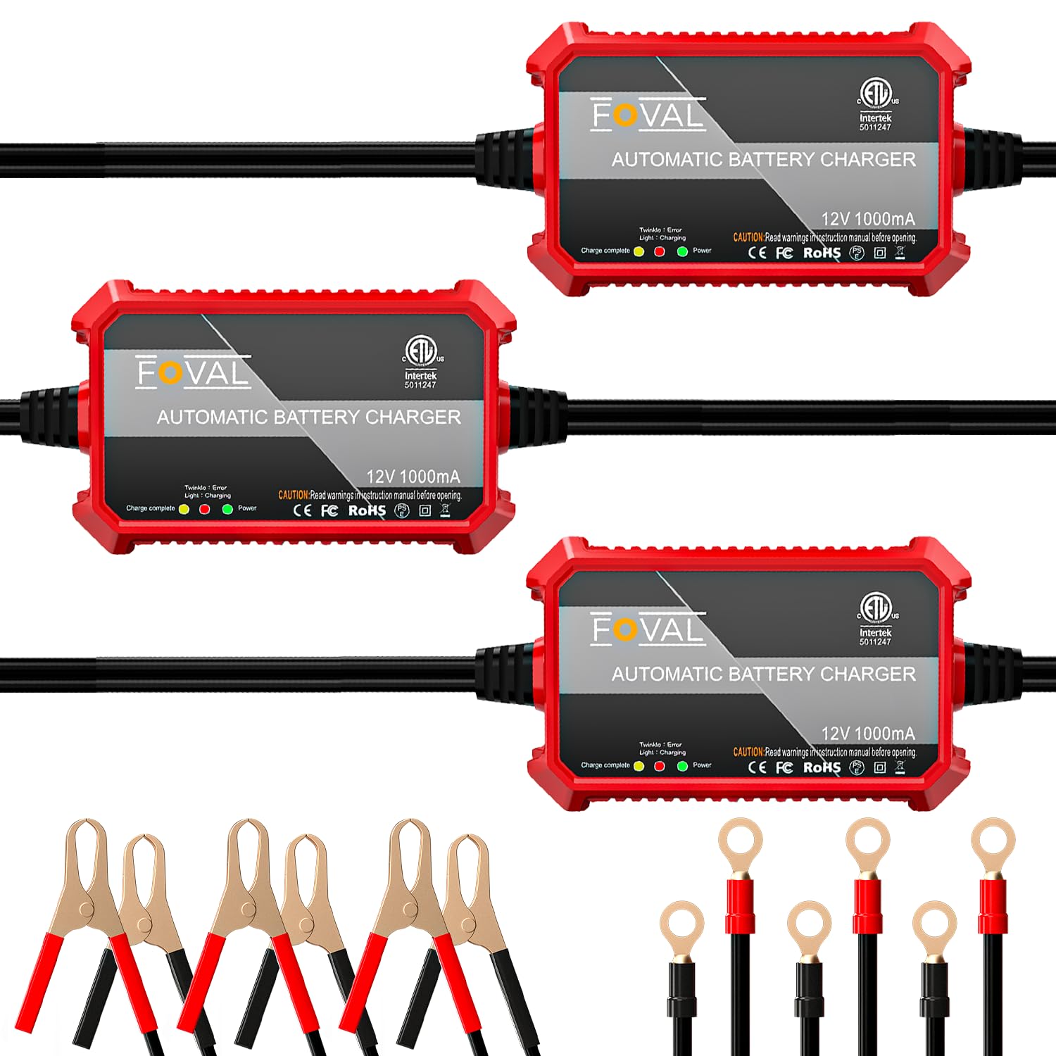 [3-Pack] 1000mA Car Battery Charger, FOVAL 12V Fully Automotive Battery Charger Maintainer, Trickle Charger, Float Charger and D