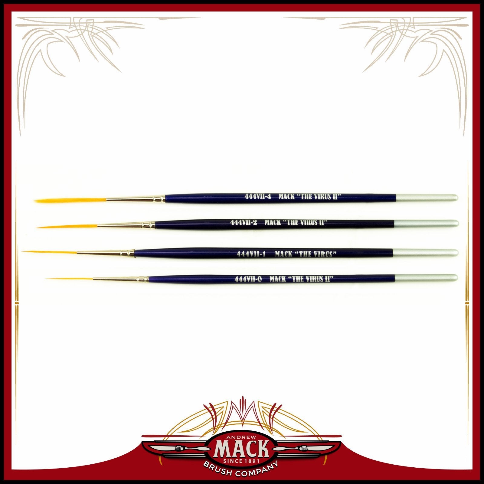Set Of 4 Size 0-4 Series 444Vii The Virus Ii Scrolling Script Pinstriping Brush With Soft Golden Synthetic Hair