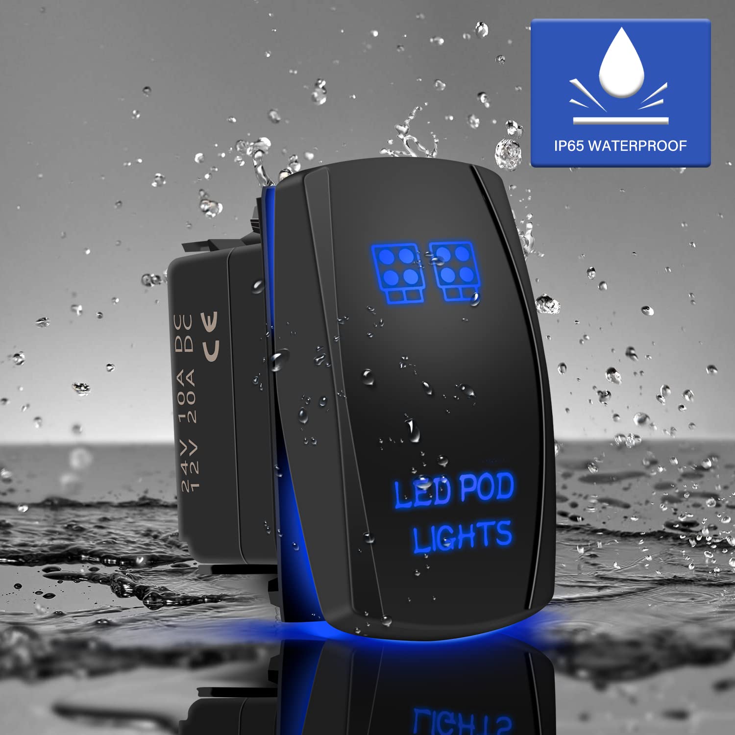 Fabood F Waterproof 5 Pin Led Pod Lights Rocker Switch Spst On/Off Two Led Backlit Blue Light 20A 12V For Auto Automotive Motorc