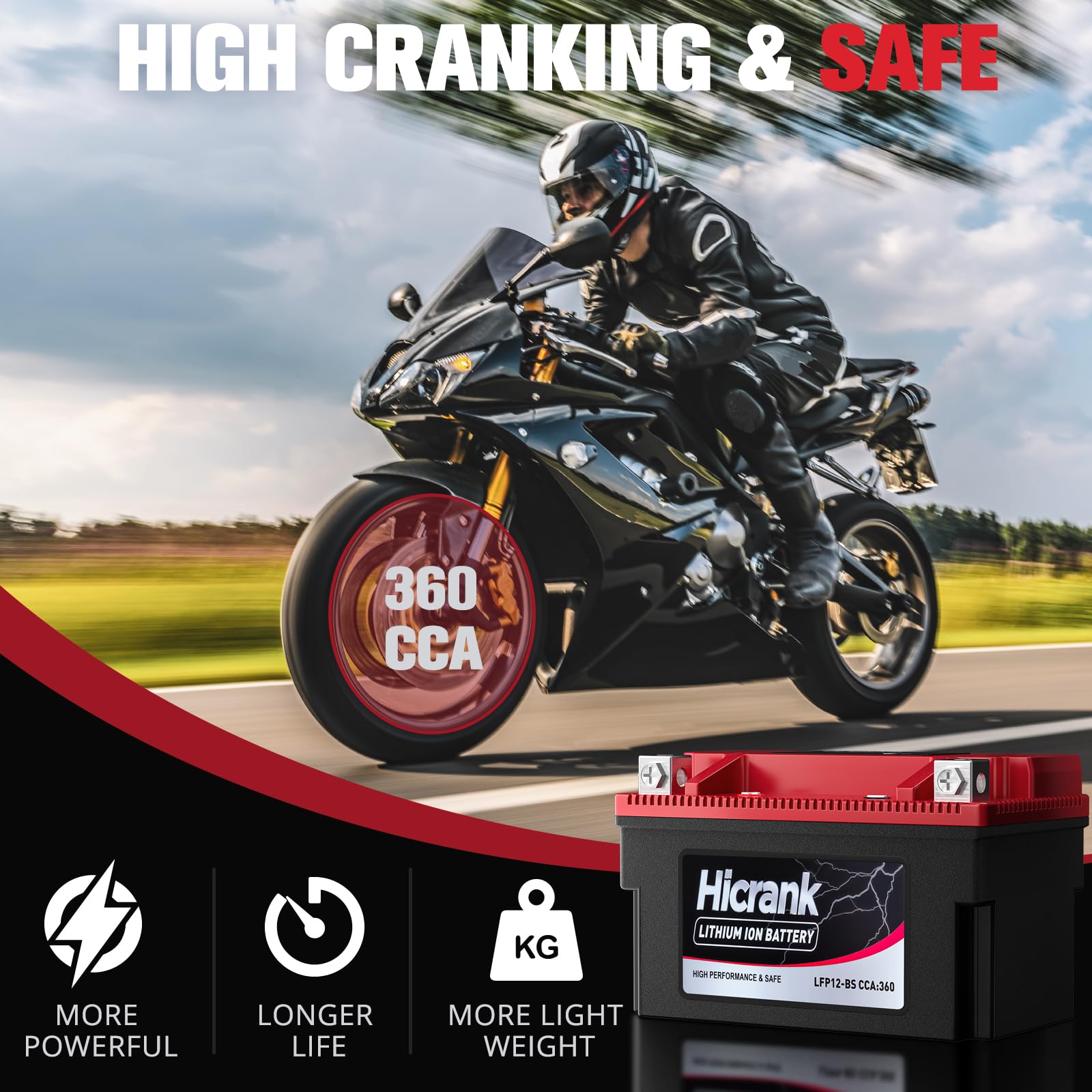 Hicrank YTX12-BS 12V 6Ah,360CCA LiFePO4 Lithium Motorcycle Battery,Powersports Battery for Honda KTM Yamaha Harley Fit ATV, UTV,