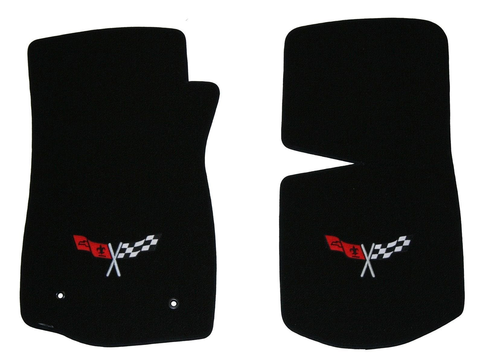 1968-1982 C3 Corvette Classic Loop Black Front Floor Mats Set With Crossed Flags Logo In Silver & Red