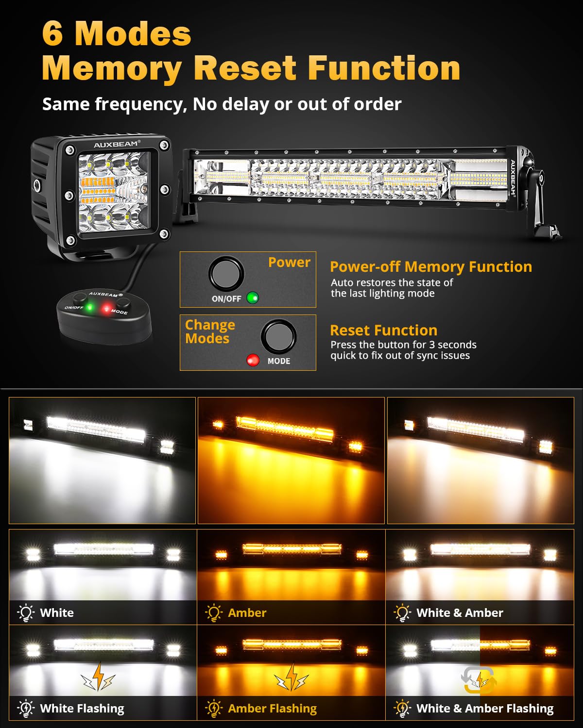 Auxbeam 6 Modes Amber White Series, 22'' Led Light Bar With 3'' Led Pods Combo Set, Dual Color Flashing Strobe Offroad Lights, S
