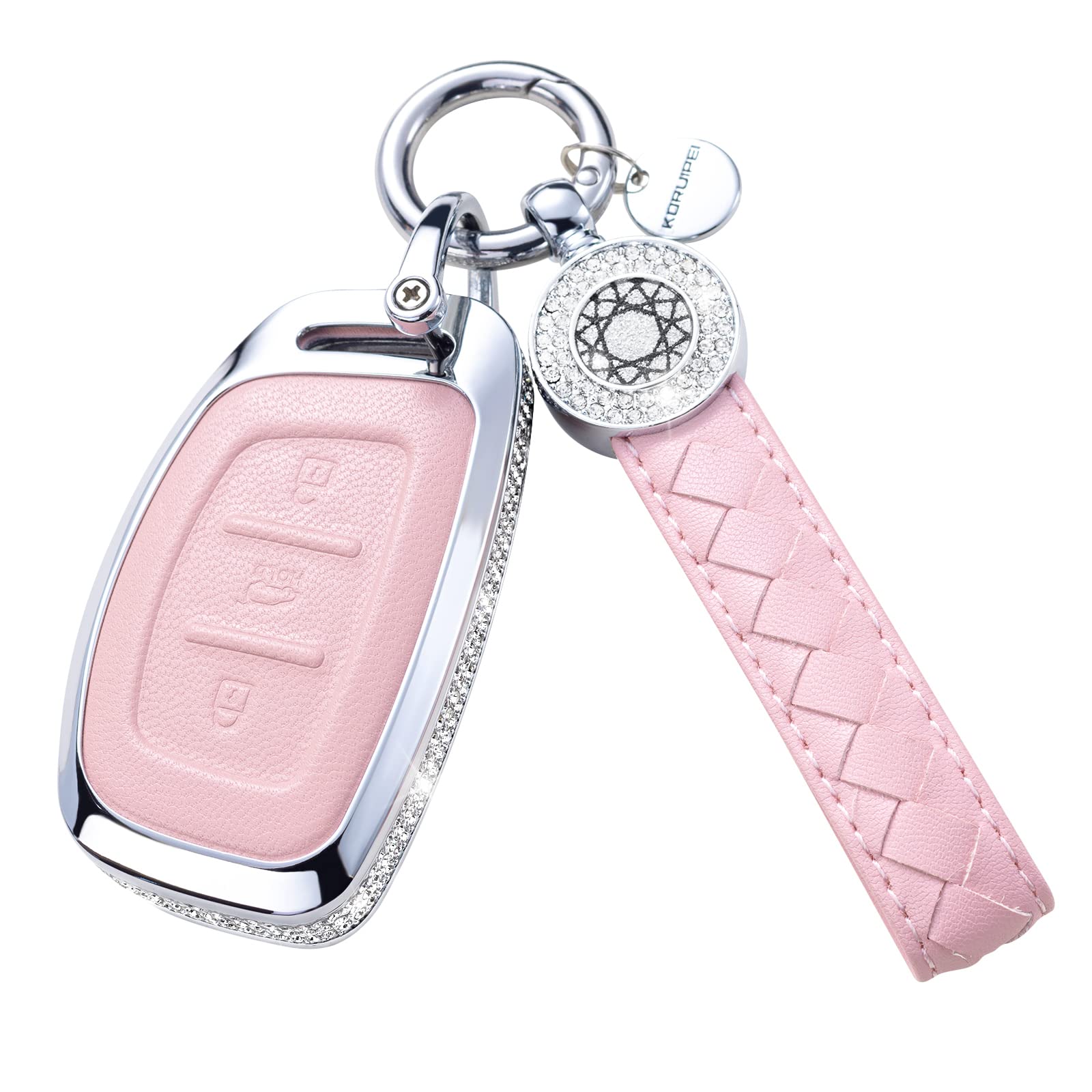 Ruabiban For Hyundai Key Fob Cover With Keychain, Pink Genuine Leather Crystal Key Case Protection Shell Compatible With 2021 20