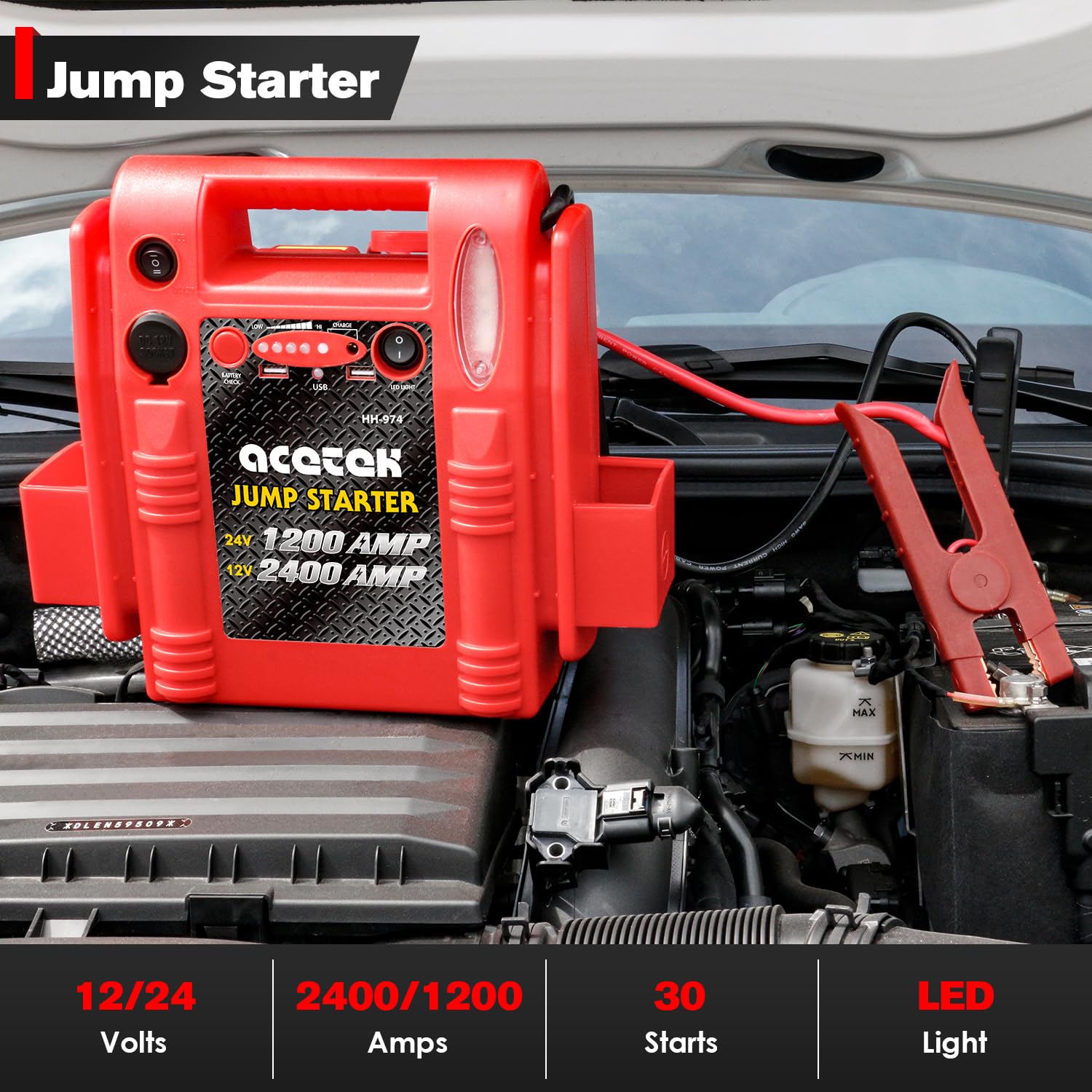 24V / 12V Jump Starter, acetek 1200/2400 Peak Amp Battery Jump Starter for Truck Car Tractor Excavator, Heavy Duty Jump Box Batt