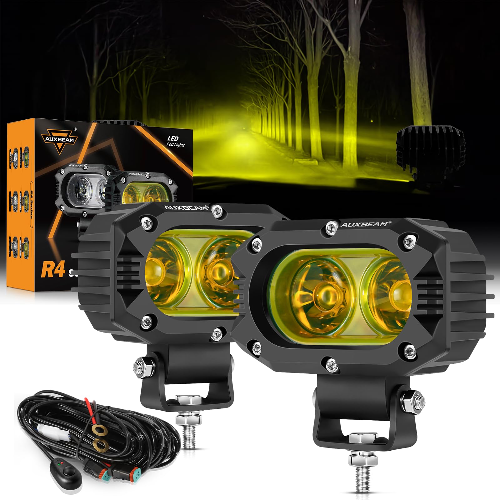 Auxbeam Led Amber Fog Light, 4Inch 60W Led Amber Driving Offroad Lights Super Bright Amber Light Pod With Wiring Harness Kit Yel