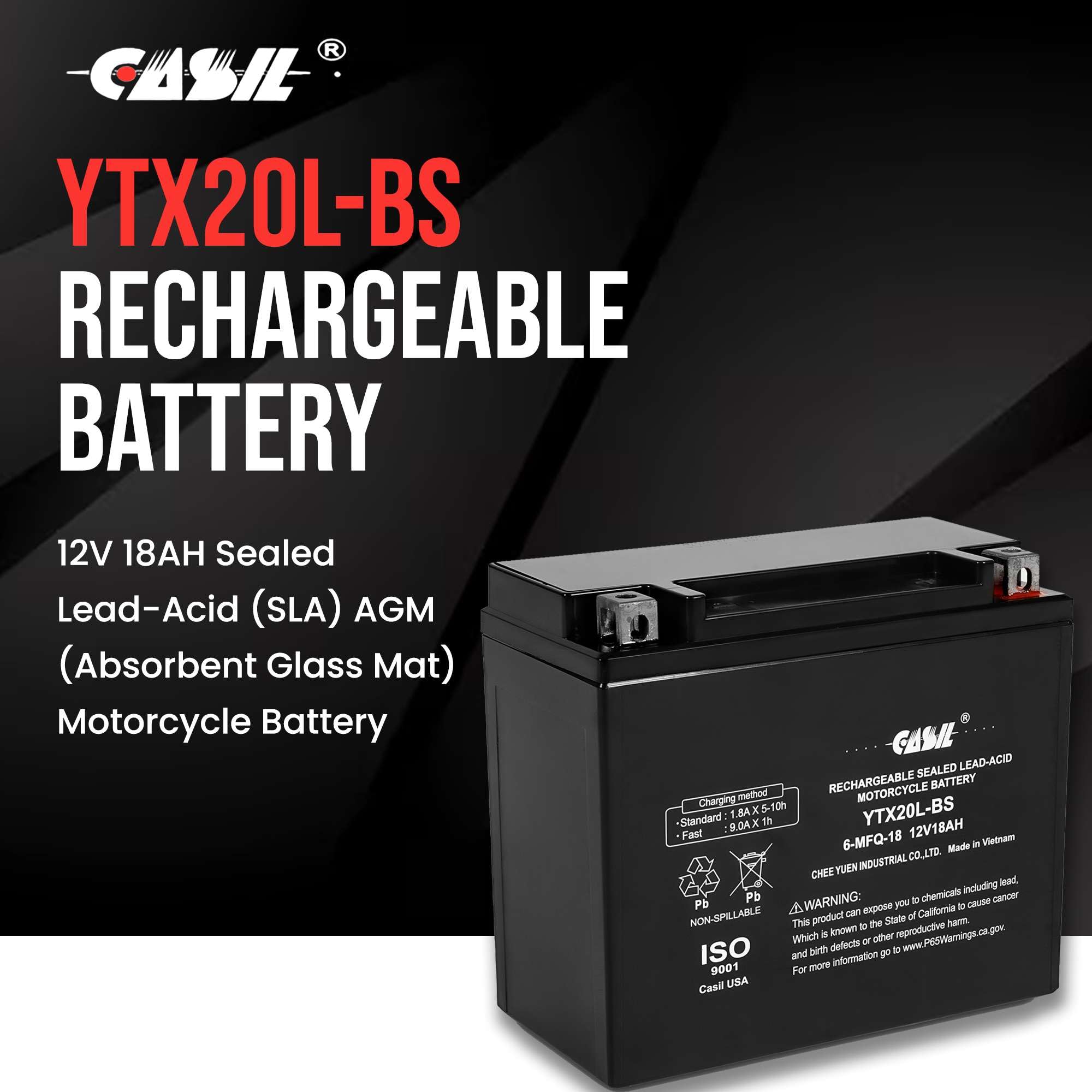 YTX20L-BS Battery High Performance Power Sports- Maintenance Free - Sealed AGM Battery For Motorcycle ATV UTV snowmobile