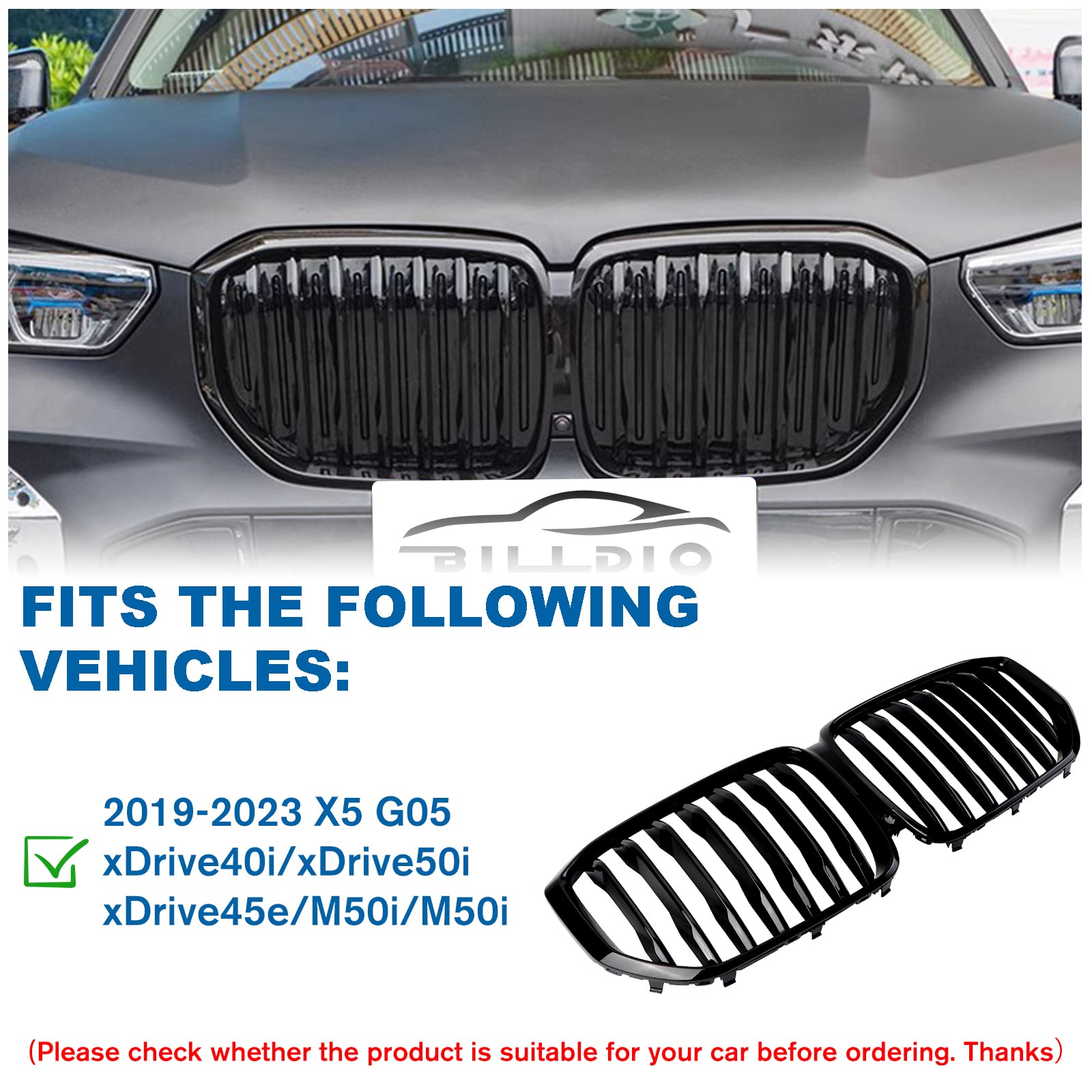 BILLDIO Front Grille Grill Single slats Compatible with 2019 2020 2021 2022 2023 X5 G05(Glossy Black Kidney Grill)