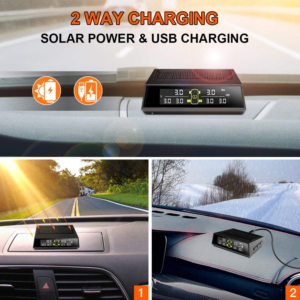 RV TPMS Tire Pressure Monitoring System, TS200 Solar Wireless TPMS with 6 Tire External Sensors Digital LCD Display RV Auto Secu