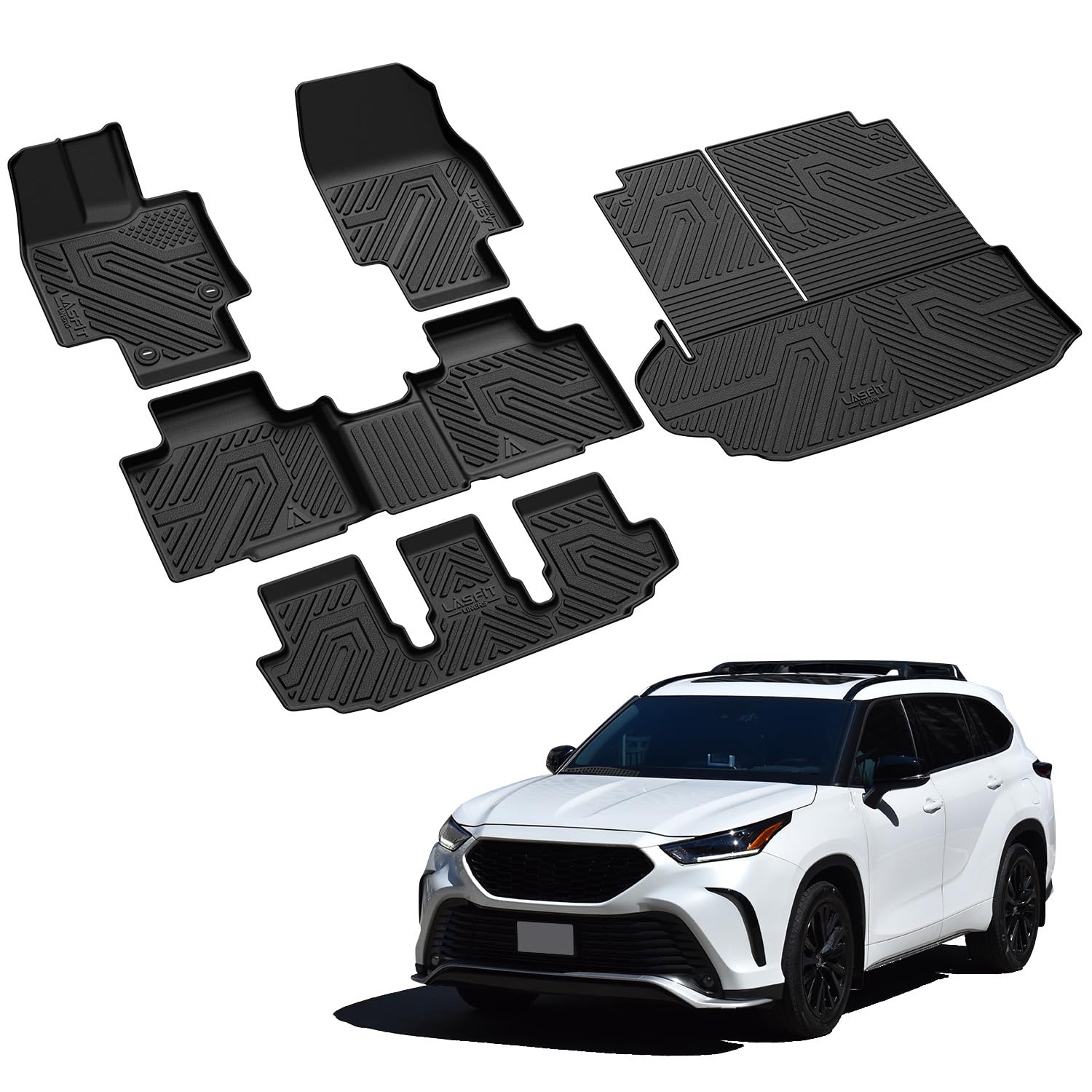 Lasfit Floor&Trunk&Seatback Mats For Toyota Highlander 2020-2025 (Only Fit Hybrid) All Weather Tpe Custom Fit Floor Liner For Hi