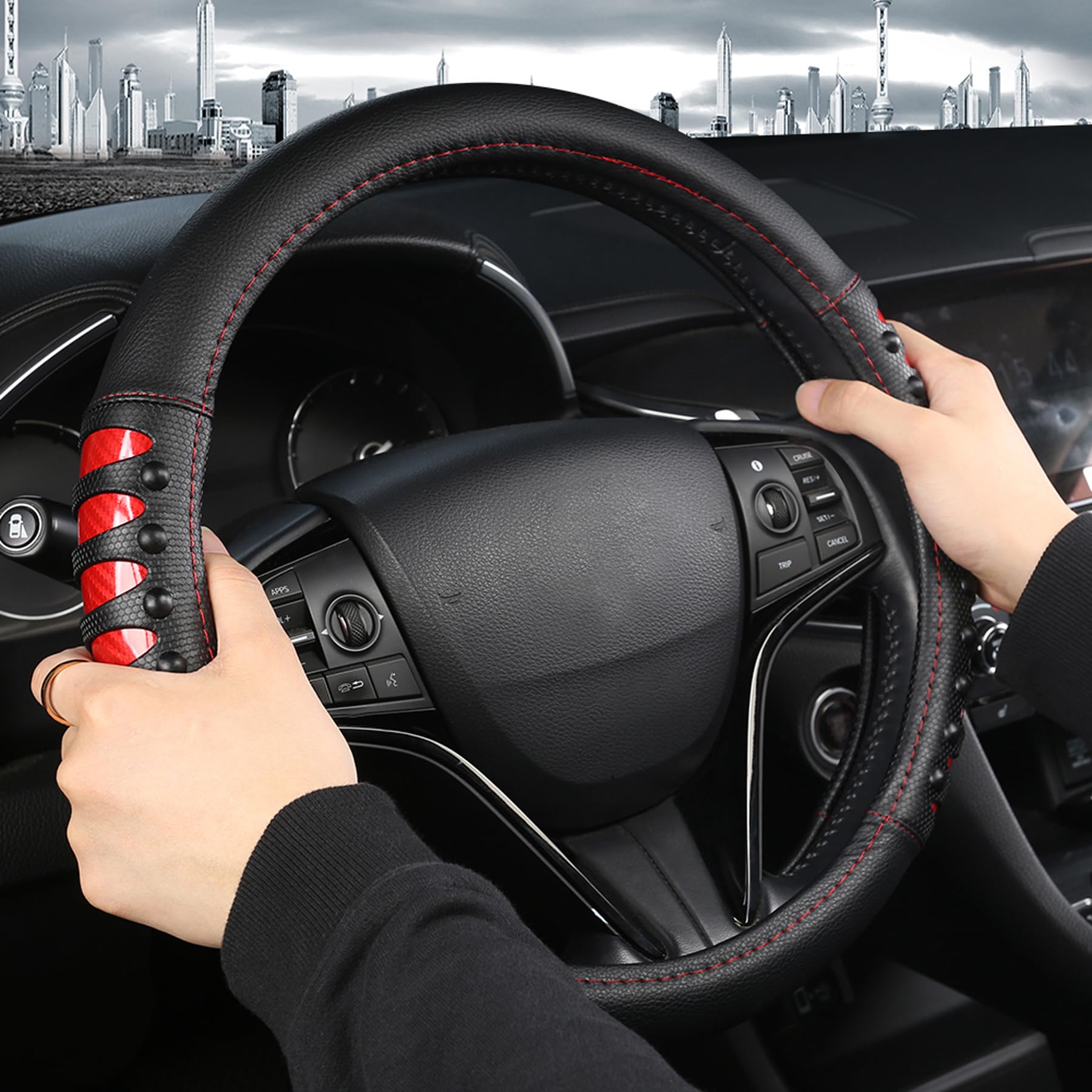 West Llama Microfiber Leather Car Steering Wheel Cover For Men Women,Universal Fit 15.5-16 Inchs(Leather Nails-Red+Black-Large S