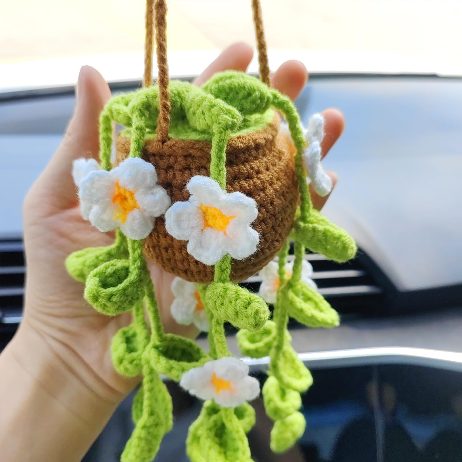 Motaney Potted Plants Crochet Rear View Mirror Accessories, Hand Crocheted (Glue Free) Safe Car Hanging Ornament, Car Mirror Han