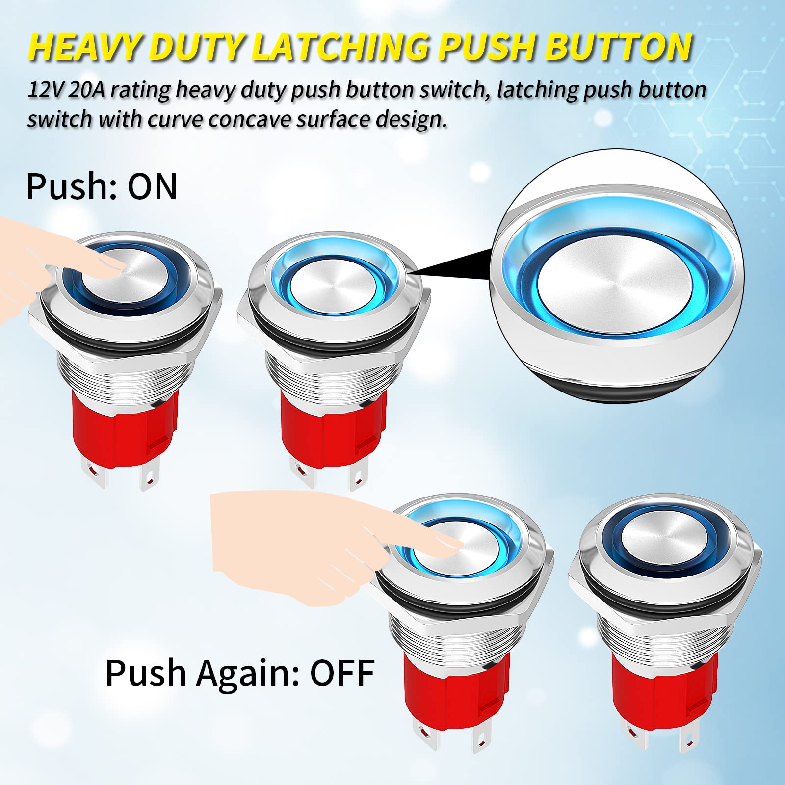 Joinfworld 12V 20A Heavy Duty Waterproof Push Button Switch - Metal Round Switch with Blue LED Ring for Marine, Boat, Car, Truck