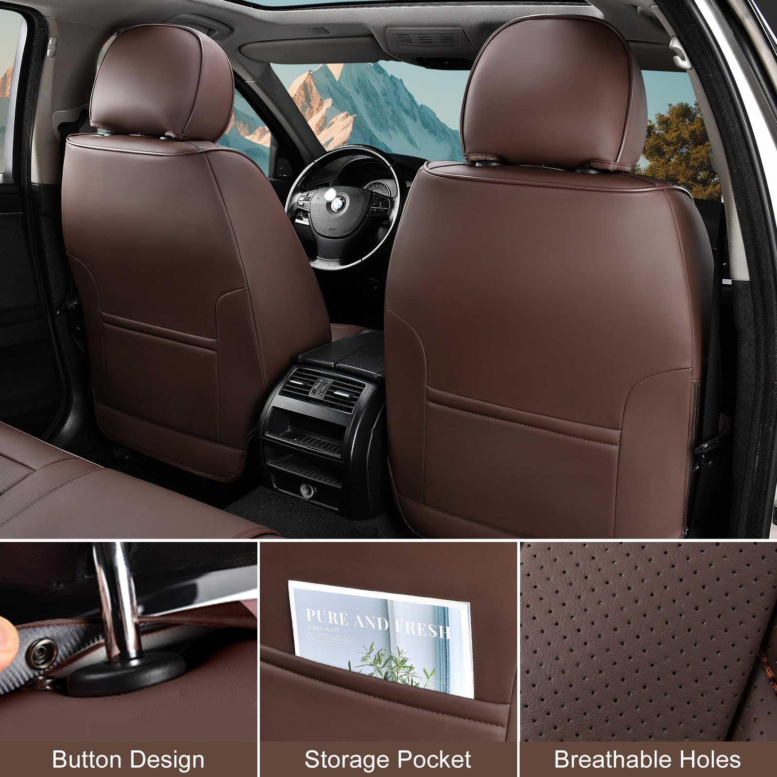 Tiehesyt Mature Brown Car Seat Covers, Breathable Faux Leather, Universal Fit, Front Pair With Headrest, Compatible With Most Ve