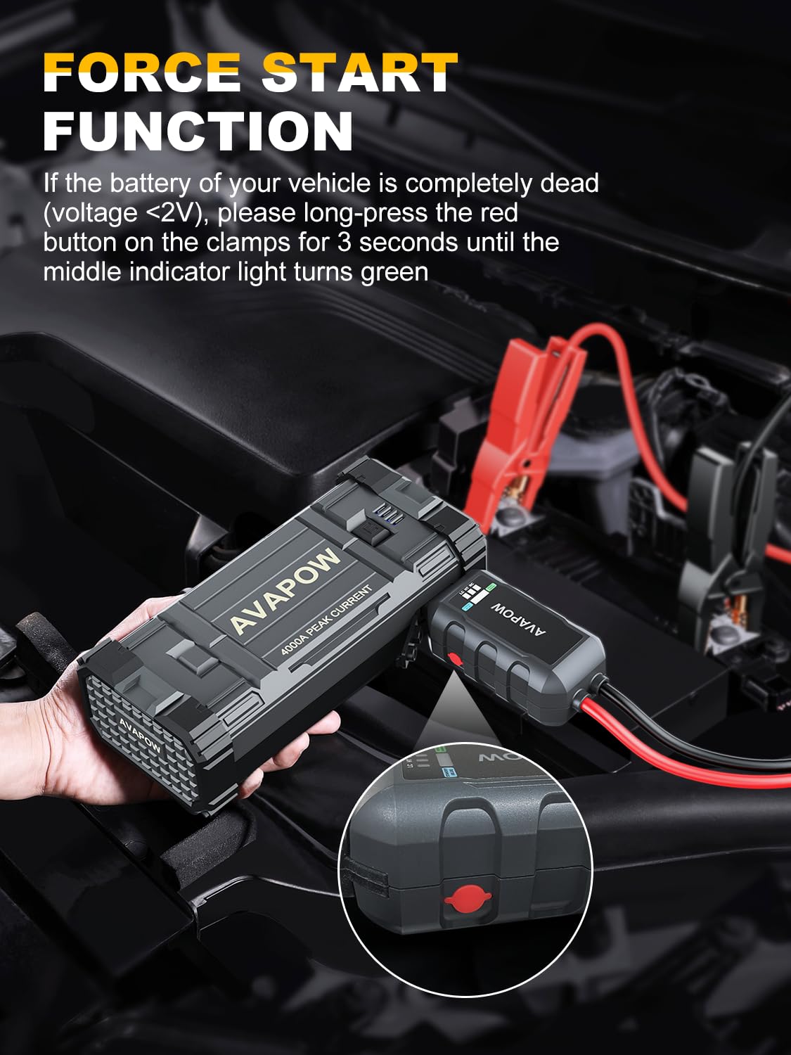 Avapow Car Jump Starter, 4000A Peak Battery (For All Gas Or Up To 10L Diesel), Portable Booster Power Pack, 12V Auto Jump Box Wi