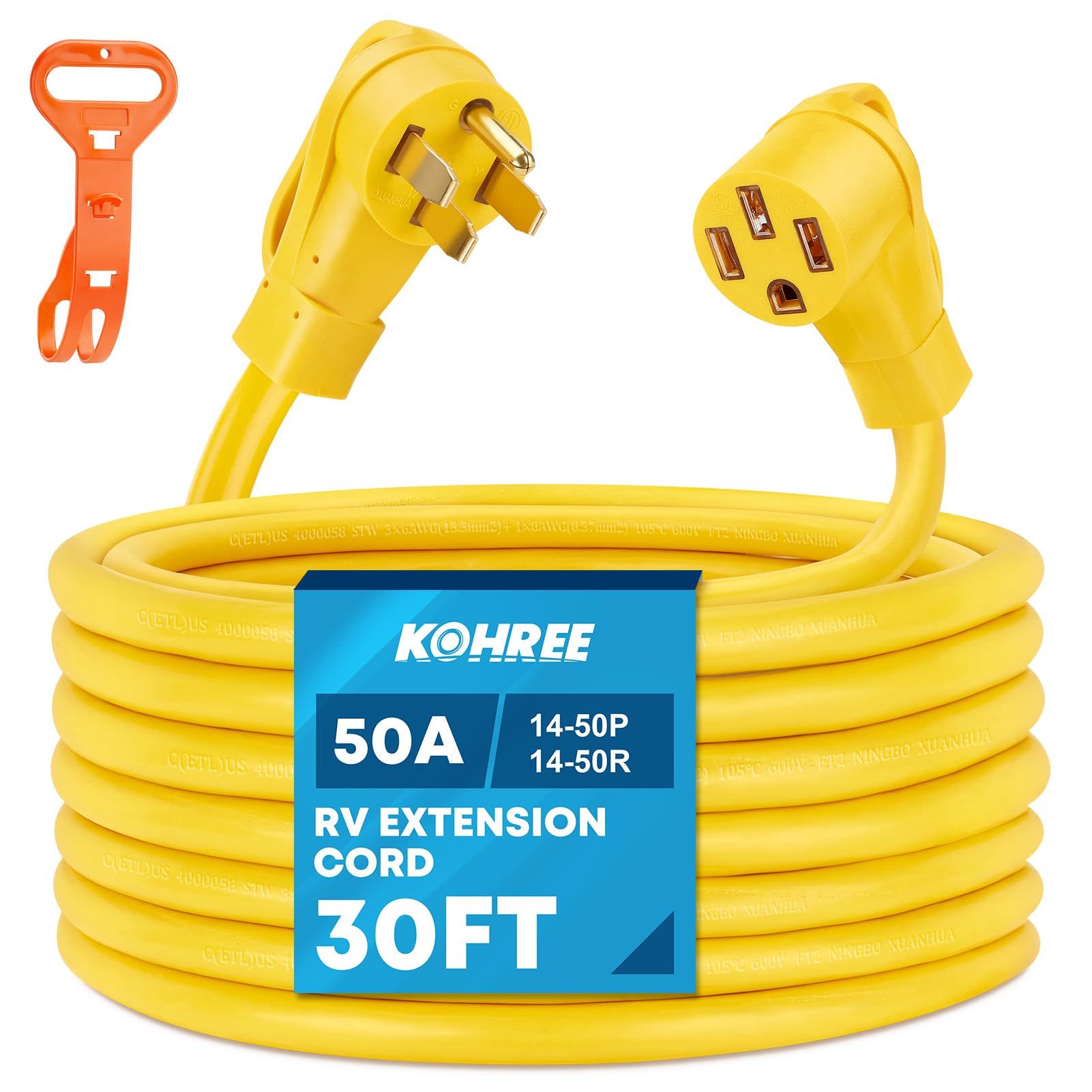 Kohree 50Amp Rv/Ev Extension Cord 30Ft, Nema 14-50P To 14-50R Rv Power Cord 50A, Heavy Duty 6/3+8/1 Gauge Stw Wire W/Cord Organi