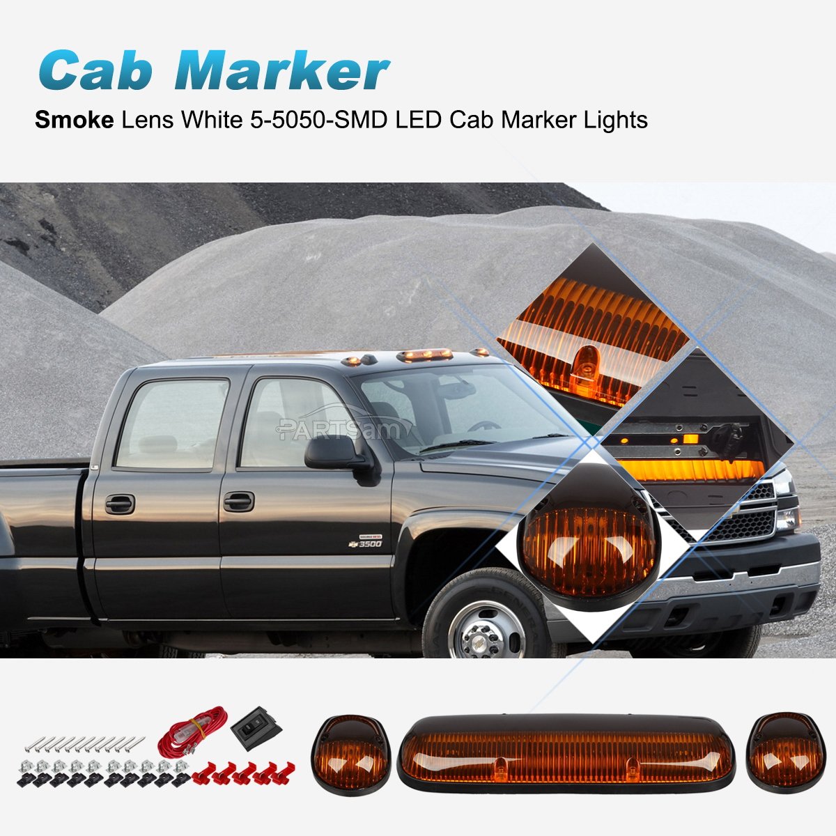 Partsam 3Pcs Amber Cab Marker Roof Running Light Cover + Base W/Wire Harness Compatible With Silverado/Sierra 1500 1500Hd 2500 2