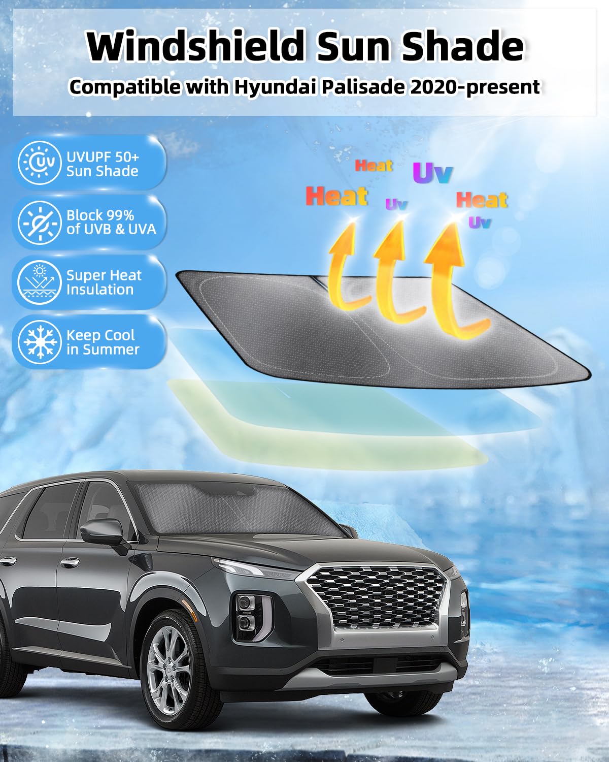 Mixsuper Liner Windshield Sunshades For Hyundai Palisade 2020-2024 2025, Windshield Sun Shade For Palisade Accessories Front Win