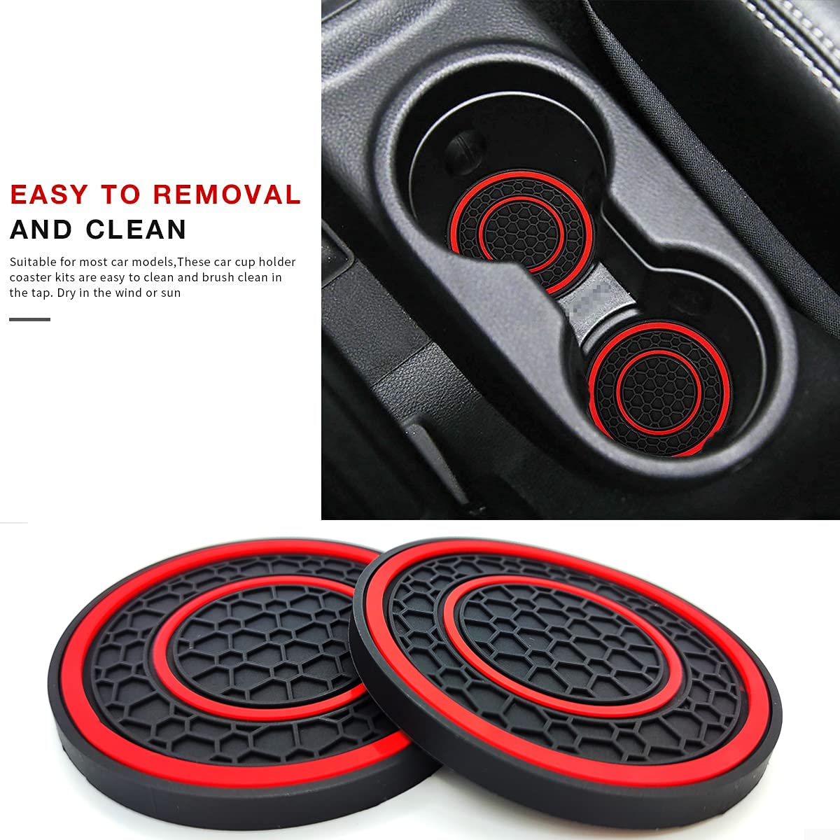 Auprite Car Cup Holder Coasters, 2 Pack Universal Auto Anti Slip Cup Holder Insert Coaster, Car Interior Accessories, Red
