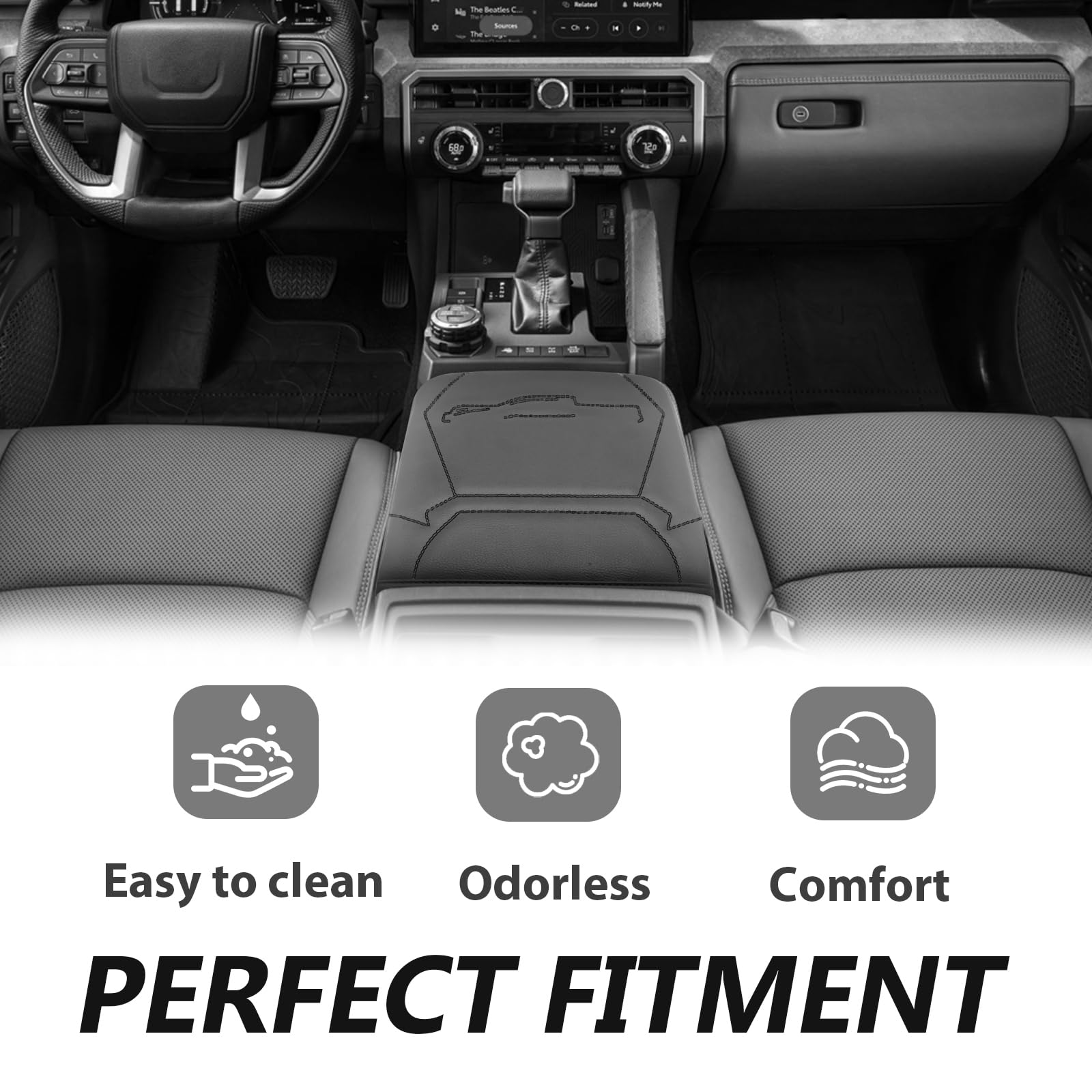 Muslogy Center Console Armrest Cover Compatible With 2024 Toyota Tacoma 2025+ 4Runner Accessories Armrest Lid Protector Vegan Le