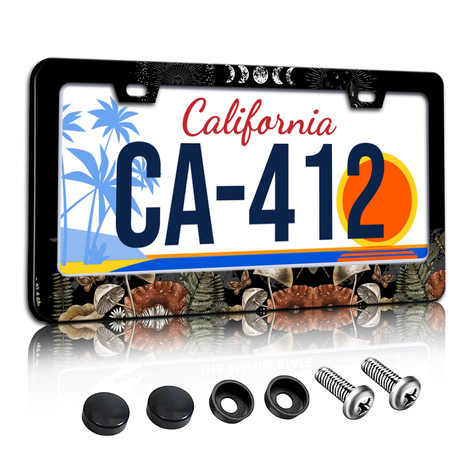 Forest Witch Magic Mushroom License Plate Frames Moon Phase License Plate Holder for Car Decor Parts Stainless Steel License Pla