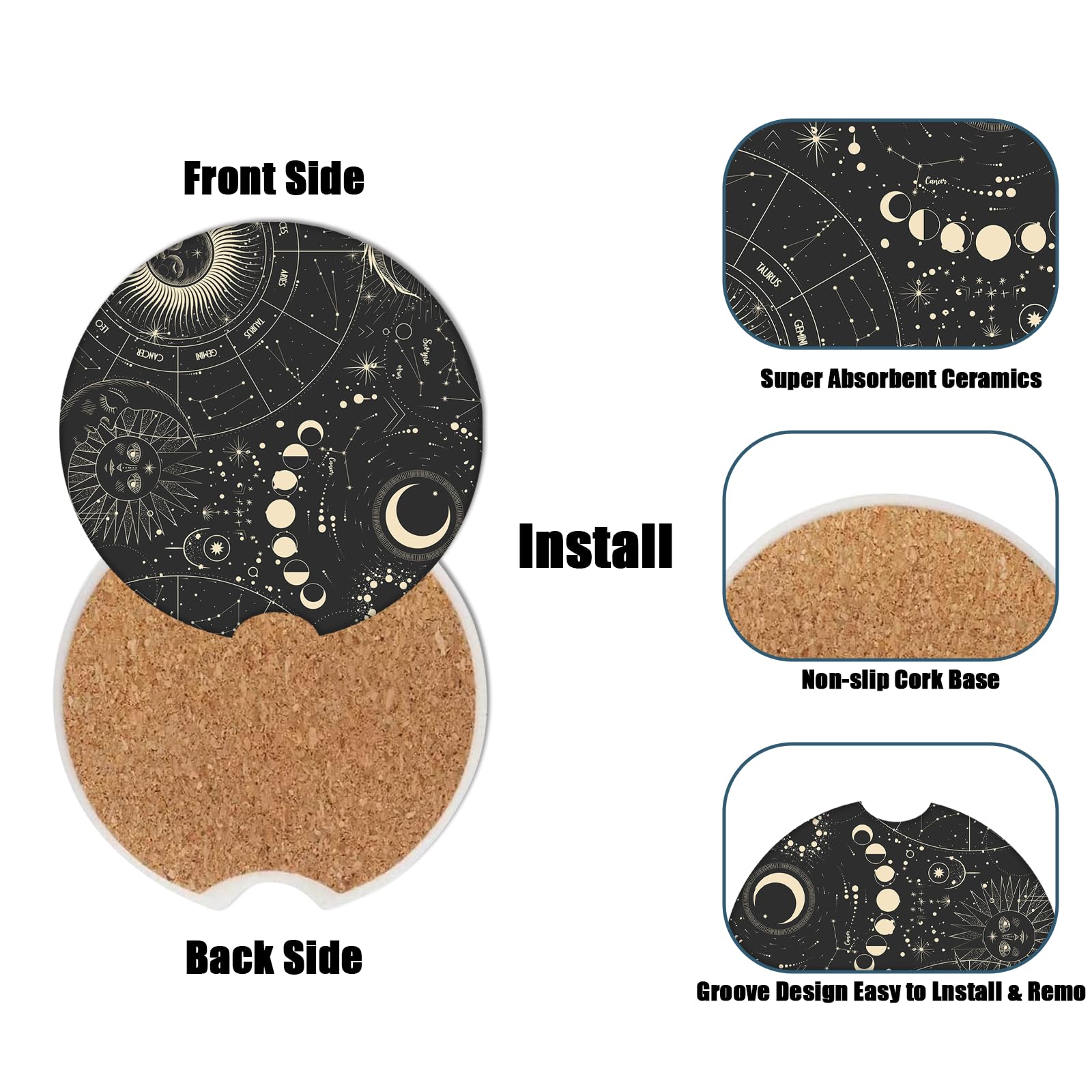 Car Cup Holder Coaster - Sun Moon Absorbent Ceramic Coaster, Car Coasters for Cup Holders, Auto Accessories for Women & Men, Pac