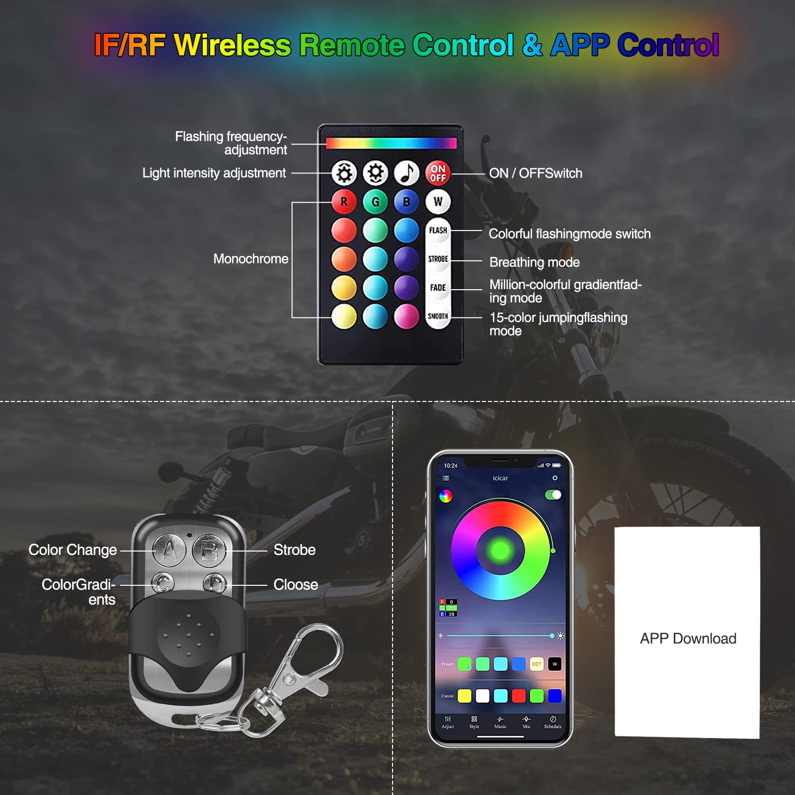 16pcs Motorcycle LED Light Kit, QIRUIMY Motorcycle Lights Underglow Kit with APP/IR/RF Wireless Remote Control, Bluetooth Neon L