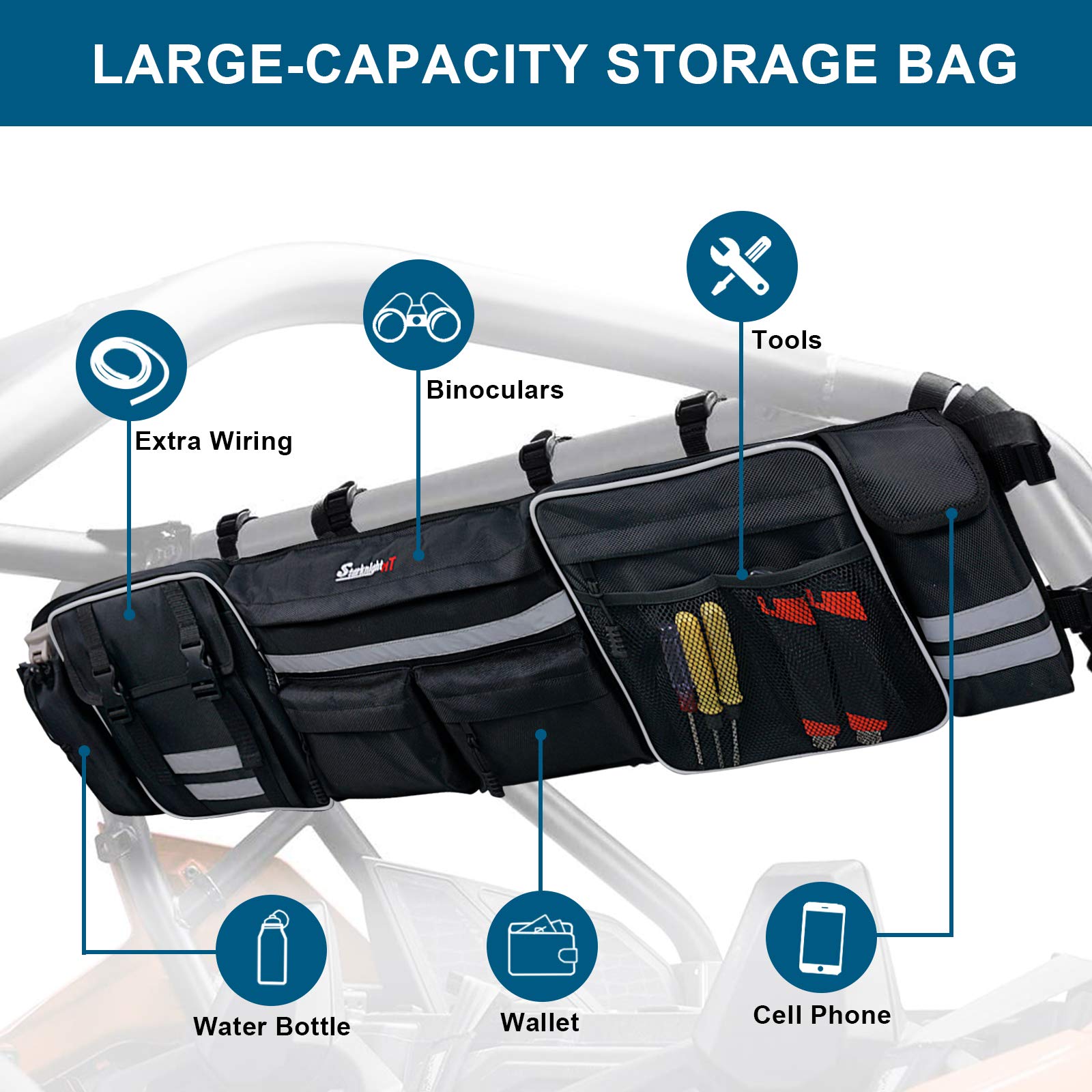 StarknightMT UTV Large Roll Cage Bag,Rear Roll Bar Overhead Storage Organizer Cargo Bags with Reflective Strip Compatible with R