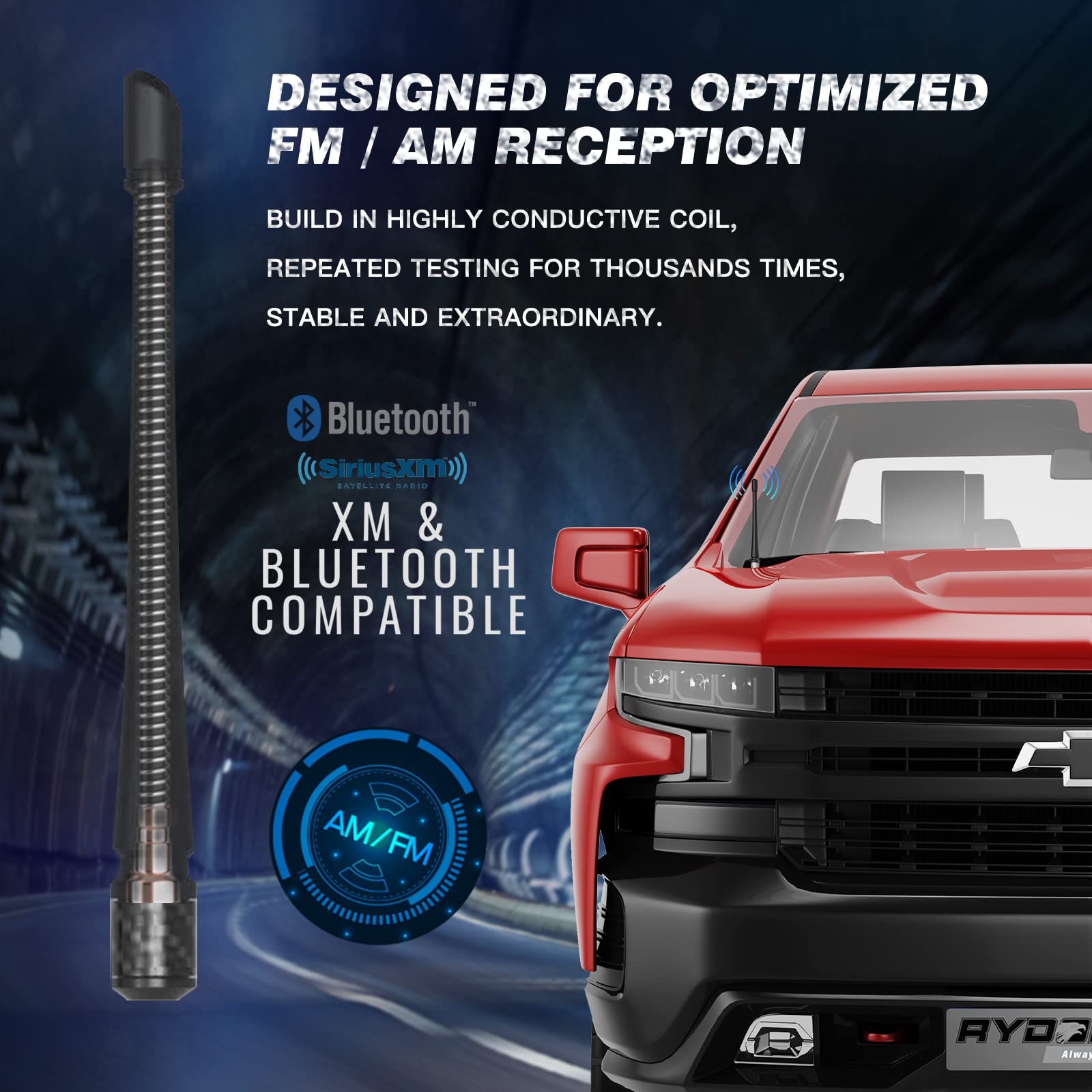 Rydonair Short Antenna Compatible With Chevy Silverado & Gmc Sierra Trucks All Model Years, Internal Copper Coil For Enhanced Reception, Car Wash Proof, 7 Inches Rubber Antenna Replacement